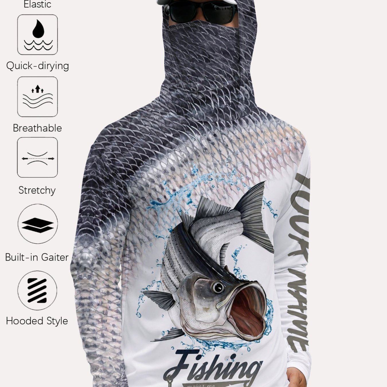 TEMU Men's Outdoor Fishing Hooded Face Cover Long Sleeve T-shirt Breathable Quick-drying Stretchy Fishing Clothing With Mask Sunshade Top||