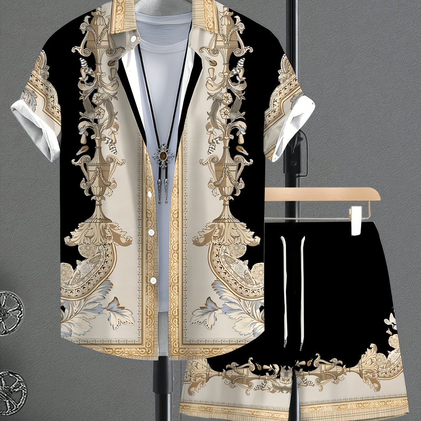 TEMU Summer Men's 2pcs Set, Retro Suit With Fashionable Casual Court Embossed Print, Trendy Short Sleeve Shirt And Shorts Outfit