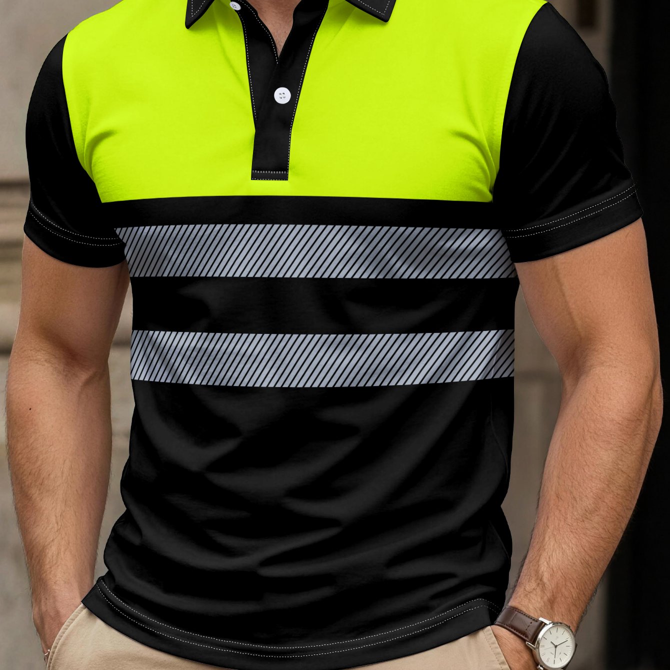 TEMU [printed Design - Not Textured] Men's Striped Short Sleeve Shirt - Neon Yellow And Contrast Top; Breathable Summer Neck T-shirt, Suitable For