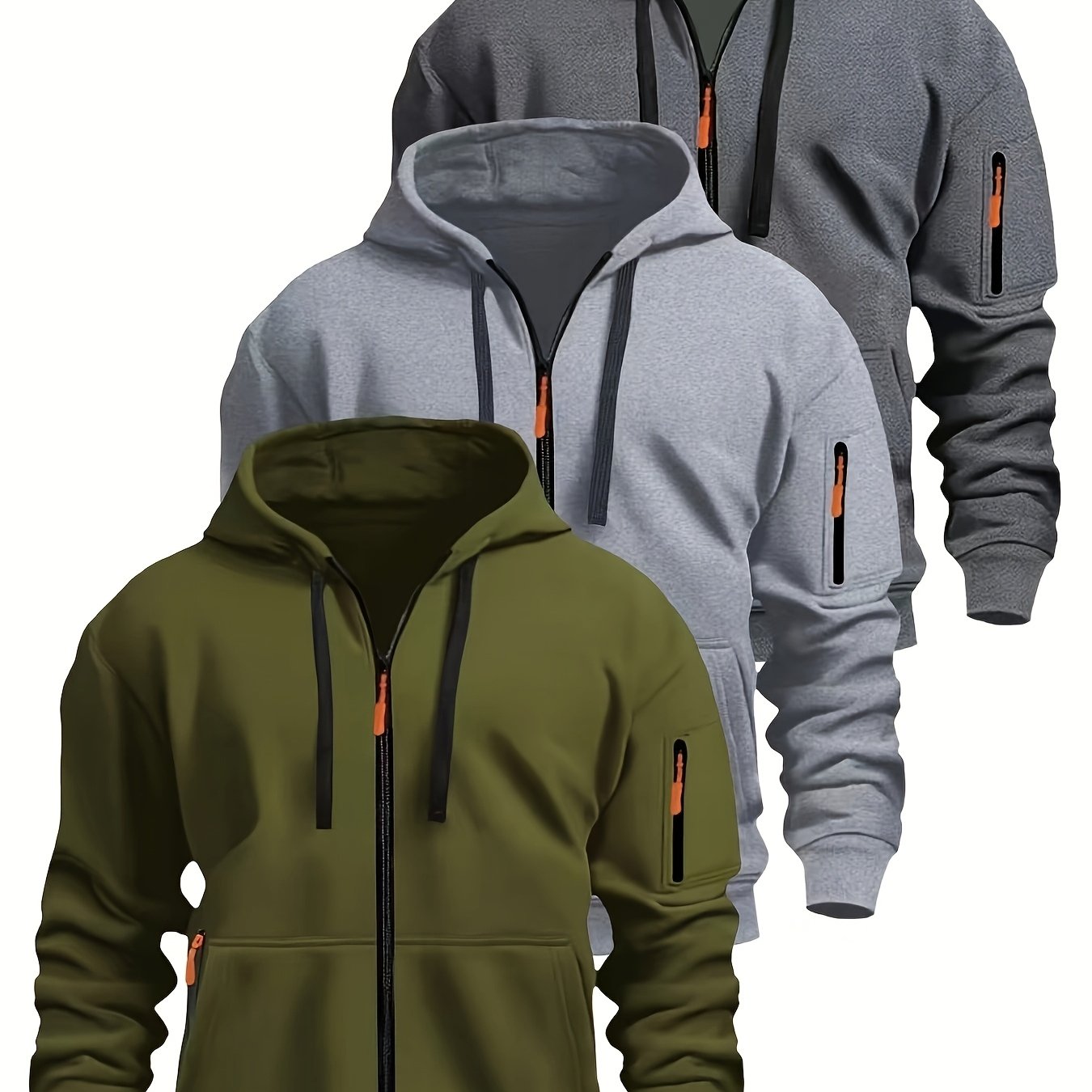 TEMU Three-pc Men's Hooded Zip-up Cardigan Sweatshirt, Suitable For , Sports, And Casual Wear
