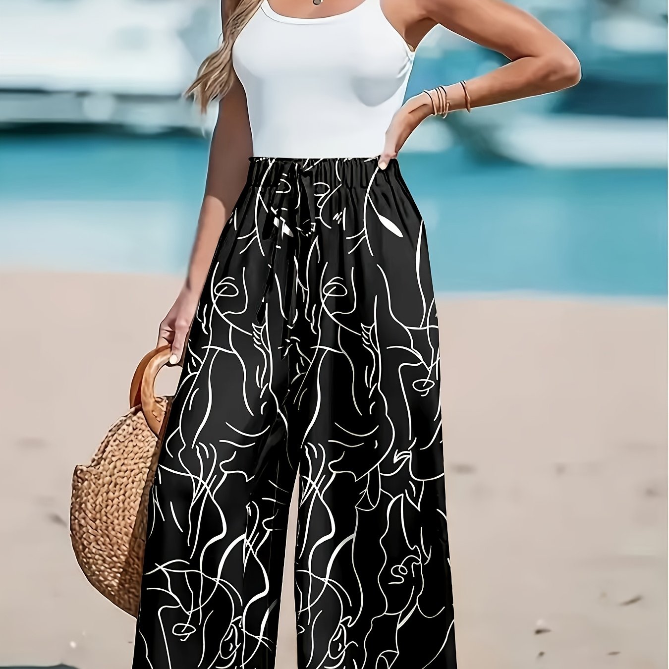 Plus Size, Plus-size Striped Print Wide-leg Loose Pants, Suitable For Spring And Summer