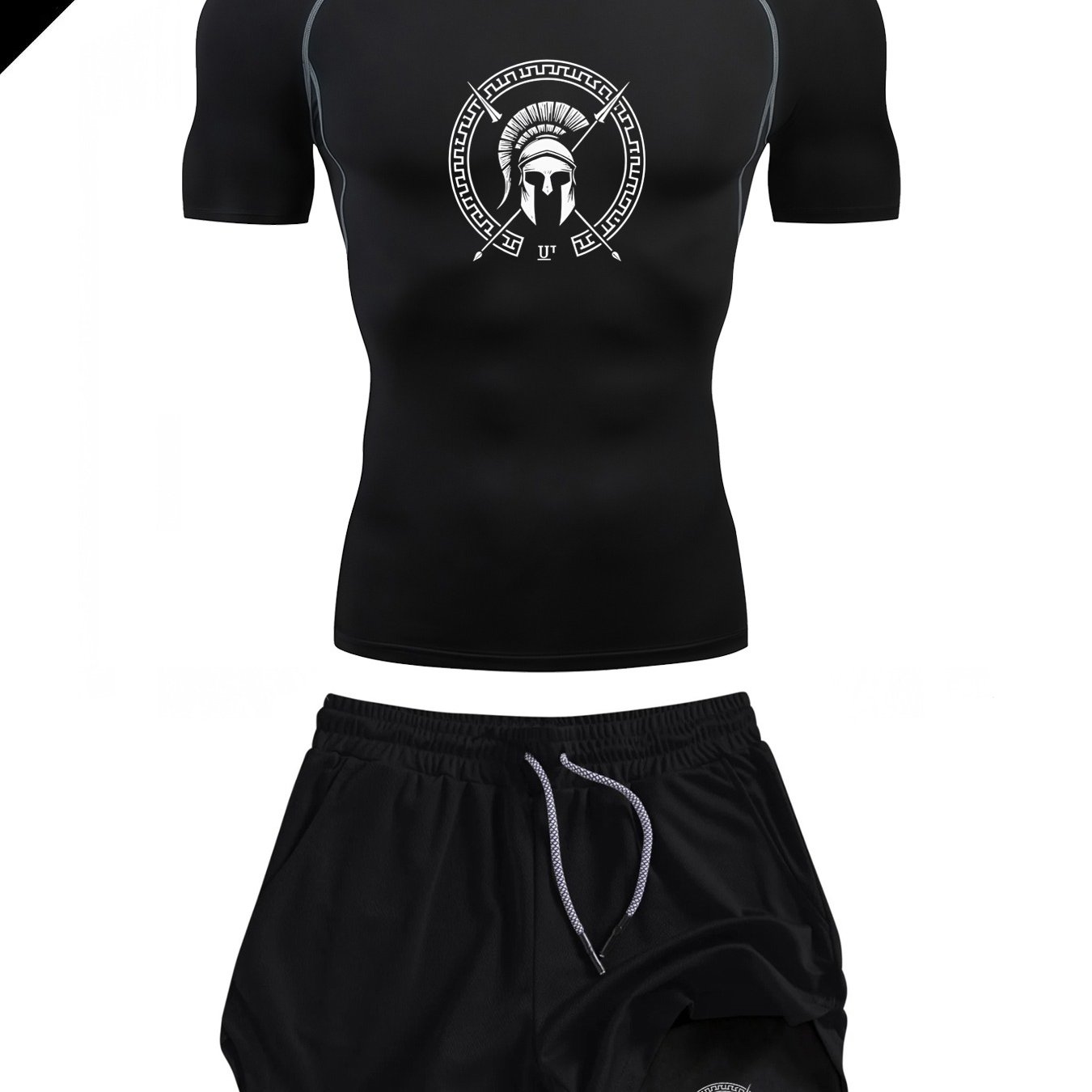 TEMU Spartan Helmet Combat Print Design, Men's 2pcs Sport T-shirt And Double-layer Shorts Set, Breathable Quick-dry Polyester Knit Fabric, Round Neck