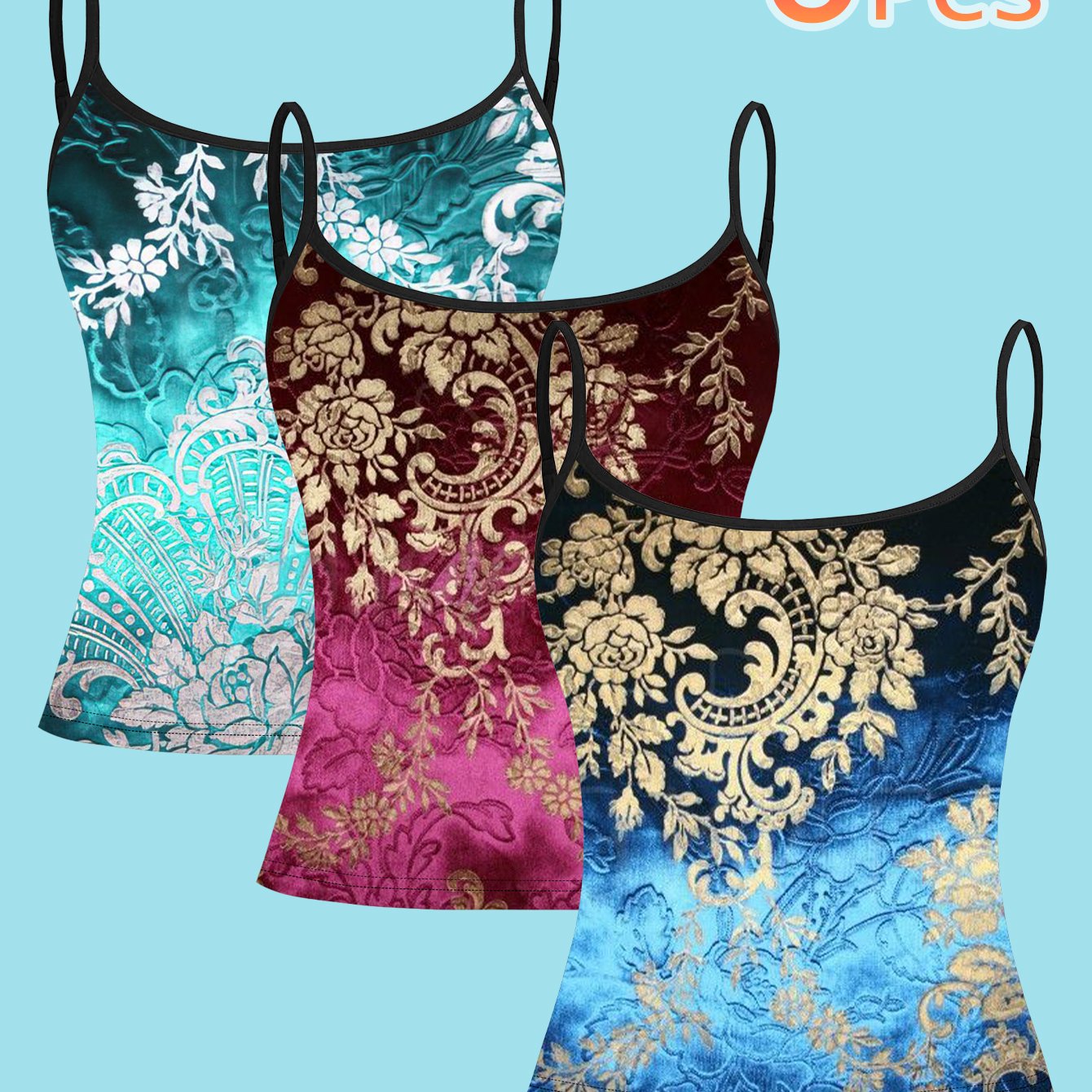 TEMU 3pcs Set Velvet Embossed Scroll Pattern Print Spaghetti Strap Camisole Top, Light Luxury Style