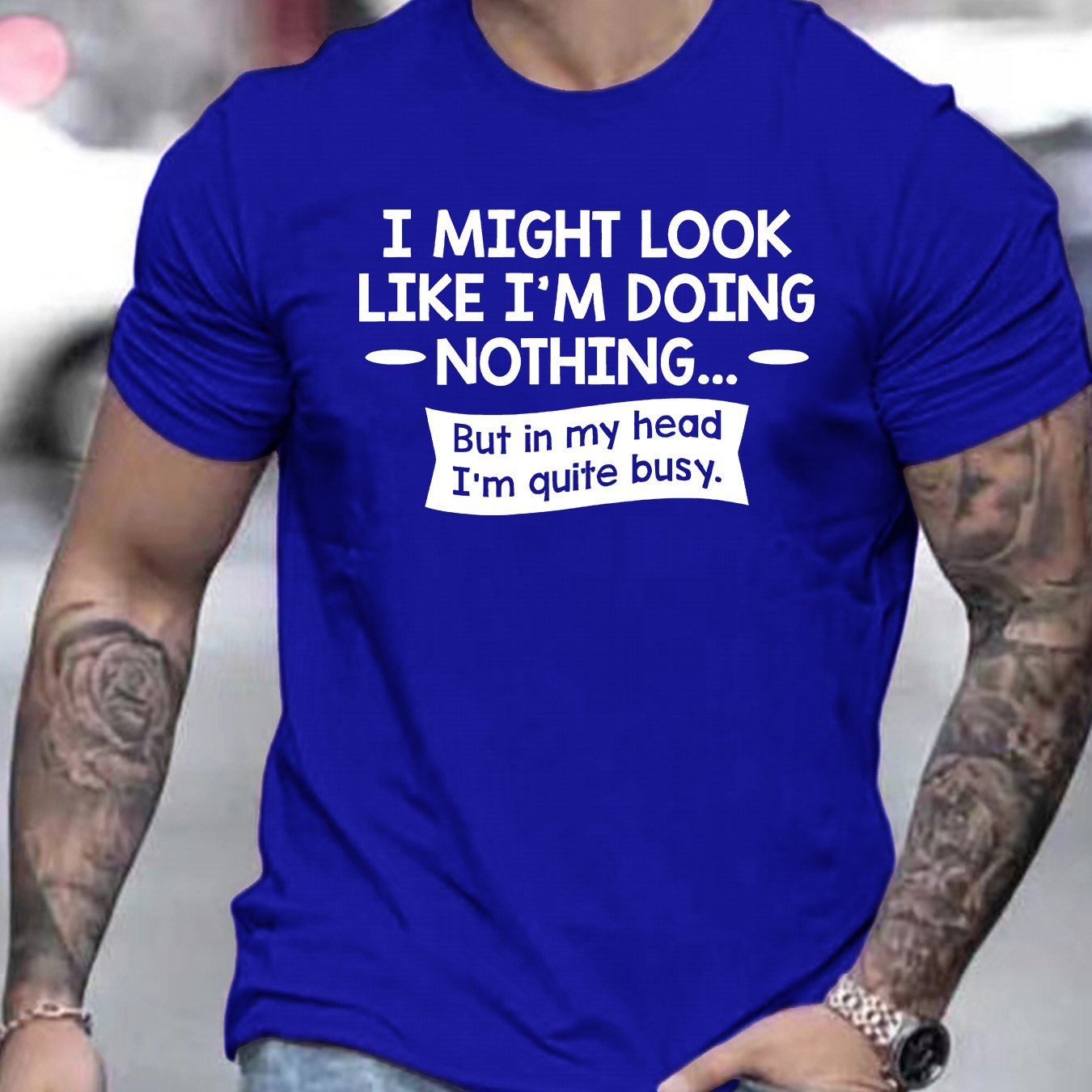 TEMU Men's Humorous Graphic Tee - "i Might Look Like I'm Doing ... But In My Head, I'm Busy" - Casual Polyester Short Sleeve T-shirt, Crew Neck,