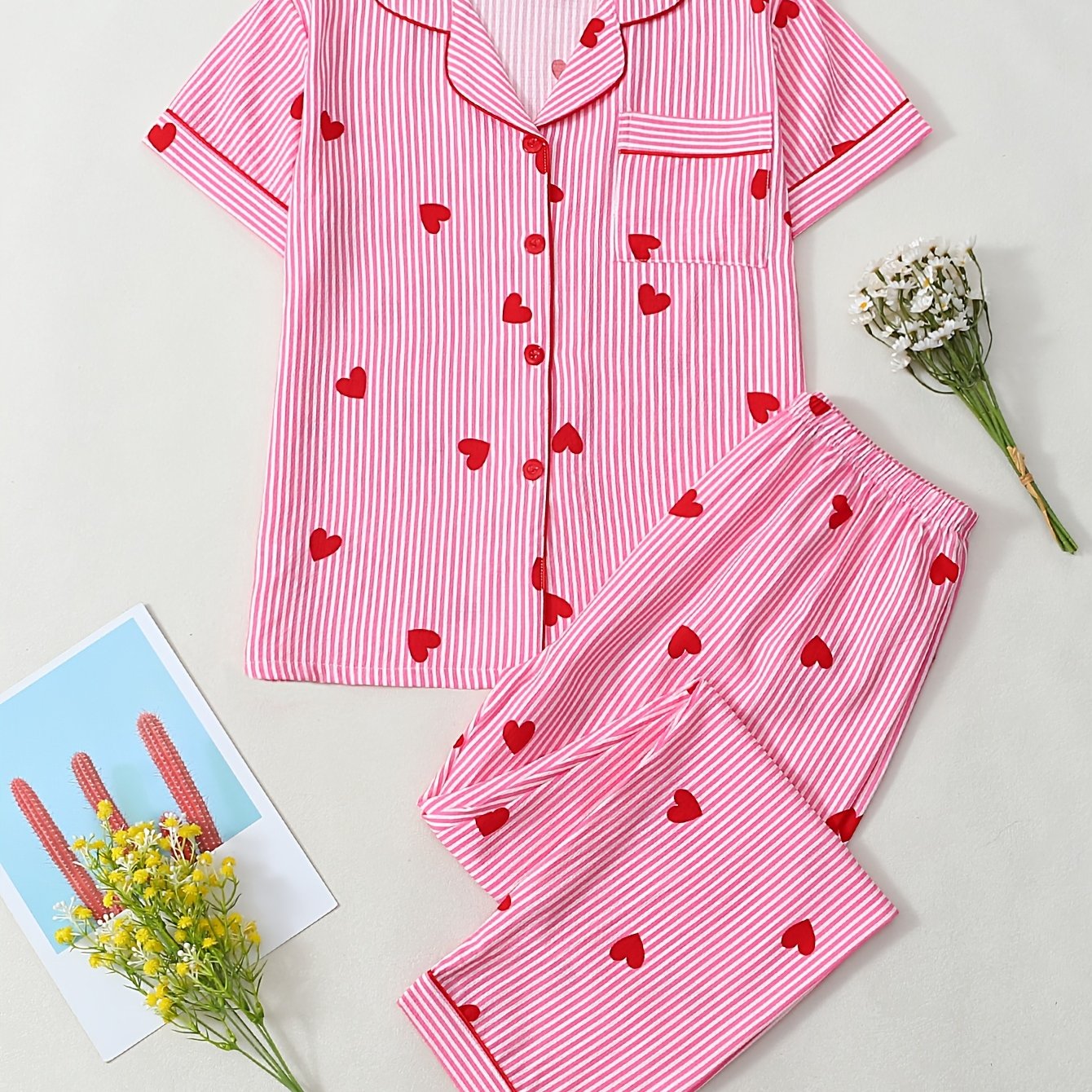 TEMU Spring Summer Women's Casual Striped Heart Print Pajama 2pcs Set, Button-up Top And Elastic Waist Pants, Suitable For Home And Outdoor Wear