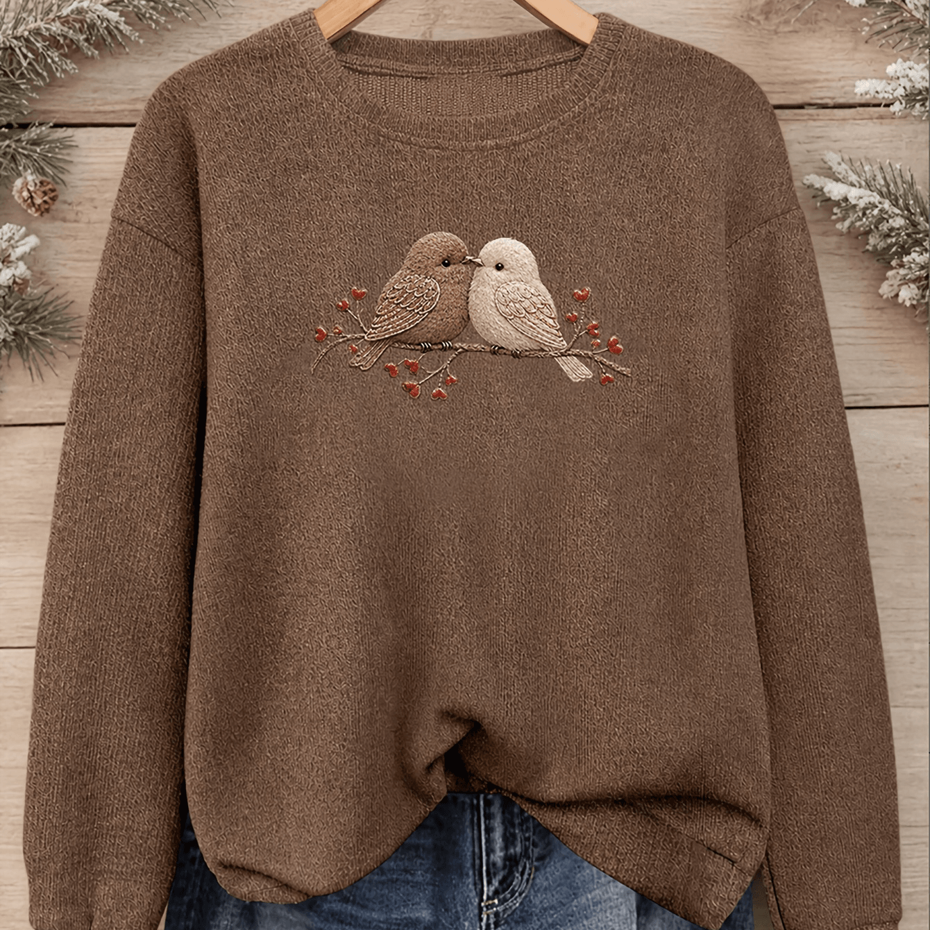 TEMU Women's Fashion Casual Long Sleeve Top, Small Bird Print Versatile Round Neck Pullover