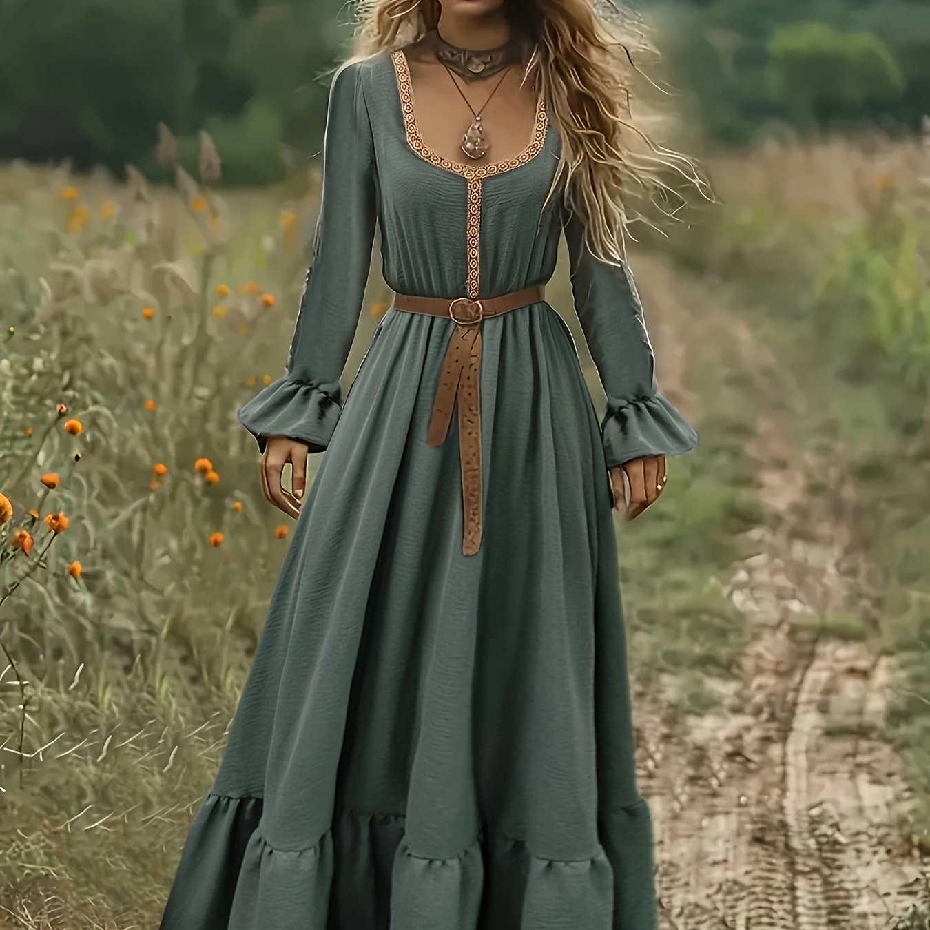 Spring/summer Elegant Bohemian Vintage Lace High-waist A- Neck Women's Long Sleeve Split Backless Dress