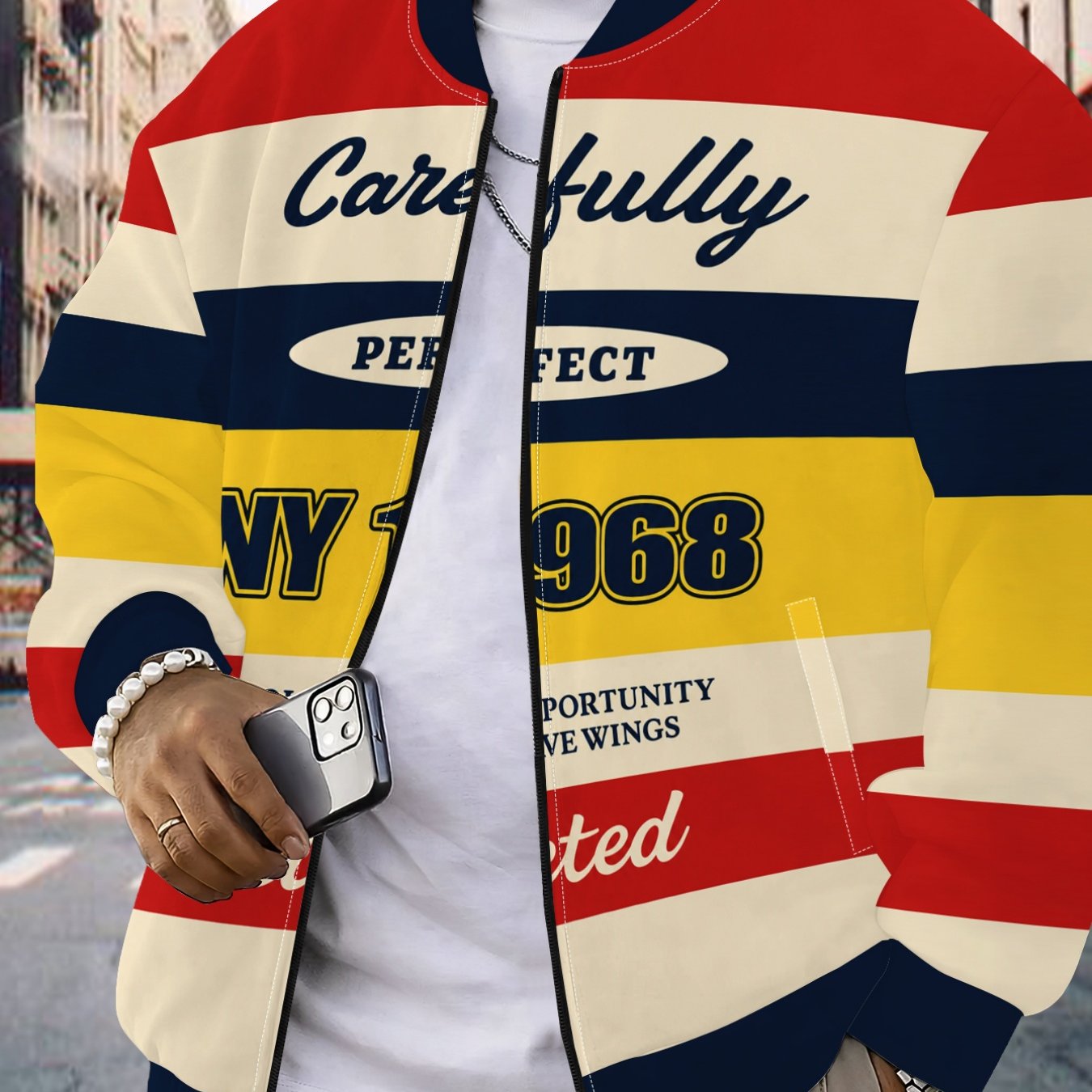 TEMU Men's Block Stripe Letter Print Zip Jacket