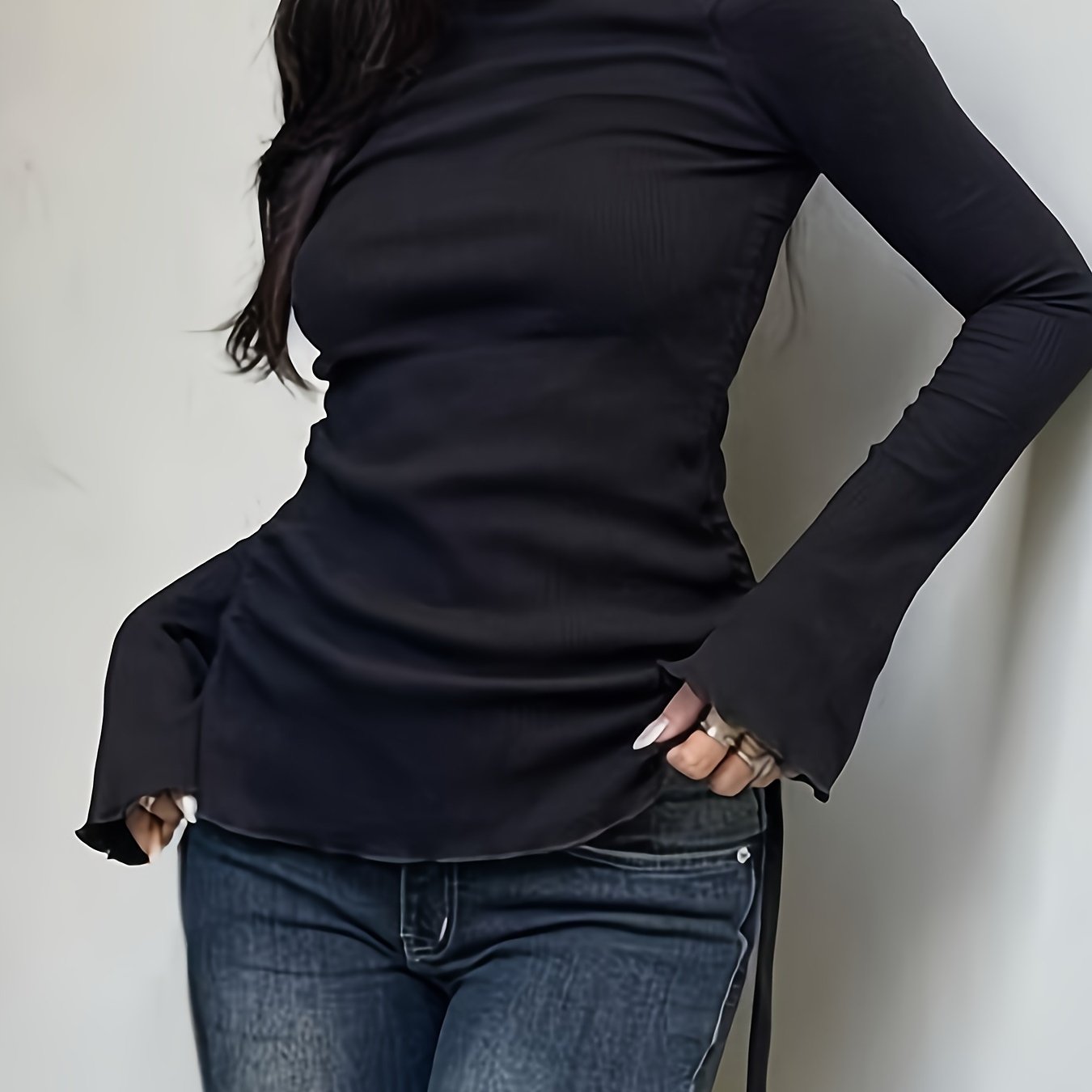 Ins-style Pure And Black Lace-up Simple Drawstring Long-sleeve T-shirt, Elegant Waist-cinching Slim-fit Versatile Top