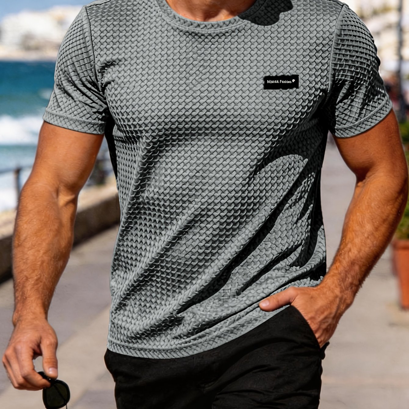 E-shop Herren Sommer Sport Freizeit T-Shirt, Karomuster Textur, Atmungsaktiv und Elastisch Kurze Ärmel, Geeignet für Fitness Training, Outdoor Wandern