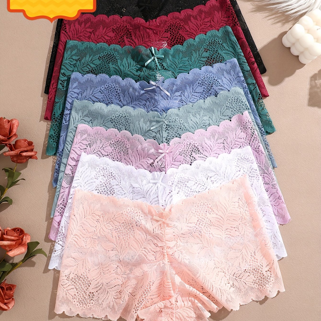 TEMU 8pcs Set Of Full Lace 4 Corner Pants With Lace Print Solid Color Underwear, Sexy, Comfortable, Breathable, Lightweight And Flat Corner Pants, Daily Commuting Women's Underwear And Underwear