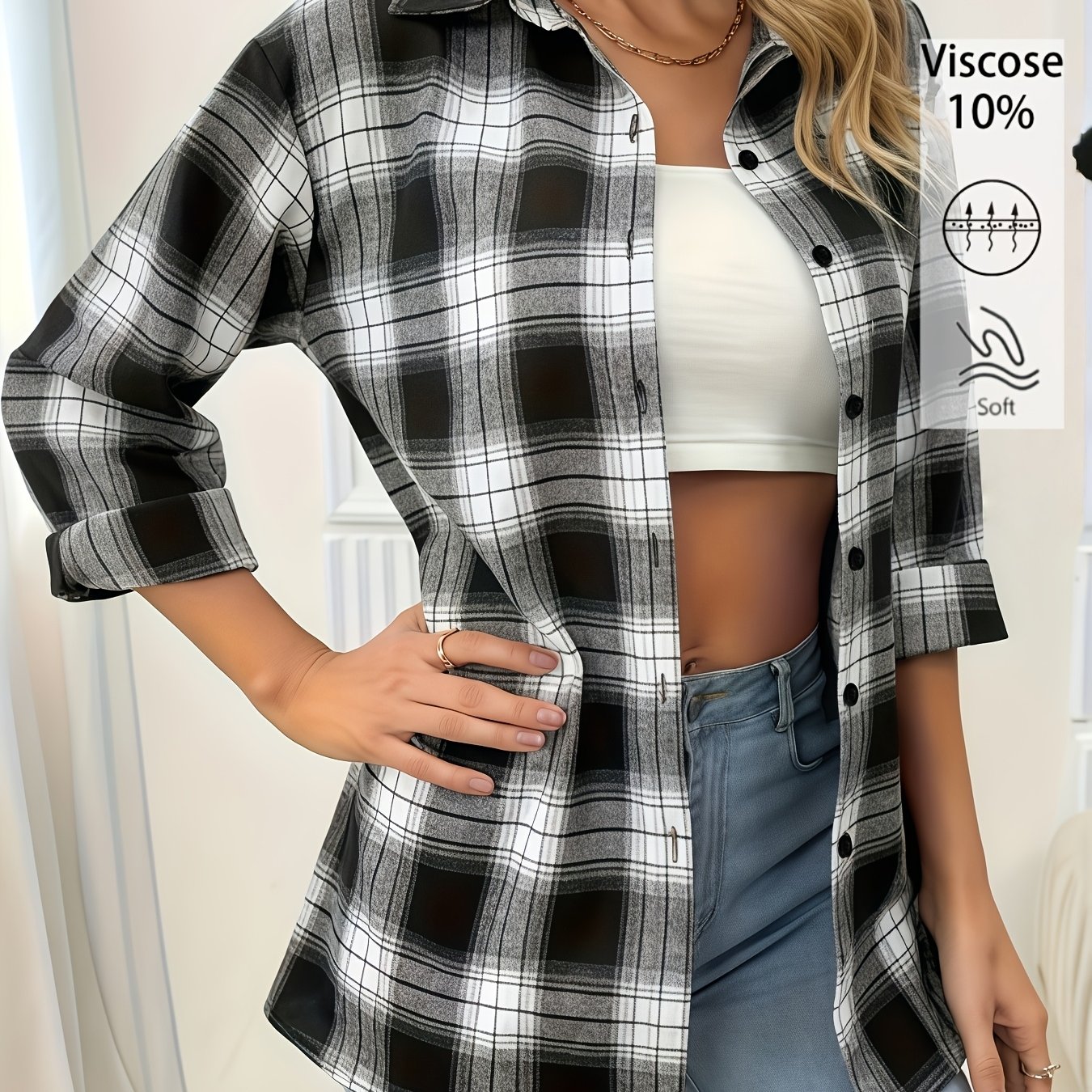E-shop Damen Elegantes Kariertes Knopfhemd - Kragen Langarmbluse, Lockerer Schnitt für Ganzjahres-Casual & Smart-Casual, Büro oder Alltagsoutfits -