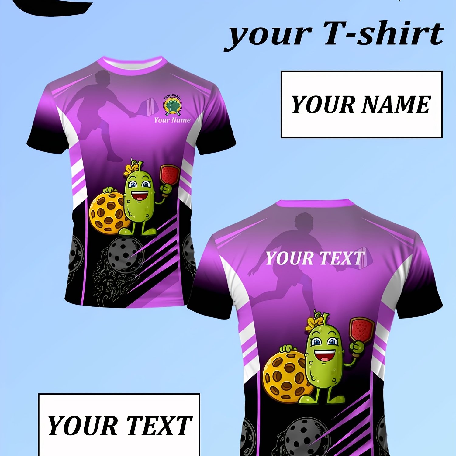 TEMU Personalized Pickleball Themed Short-sleeve T-shirt | Stylish Gradient Colors, Cute Pickleball Design, Custom Name And Text, Suitable Or Casual