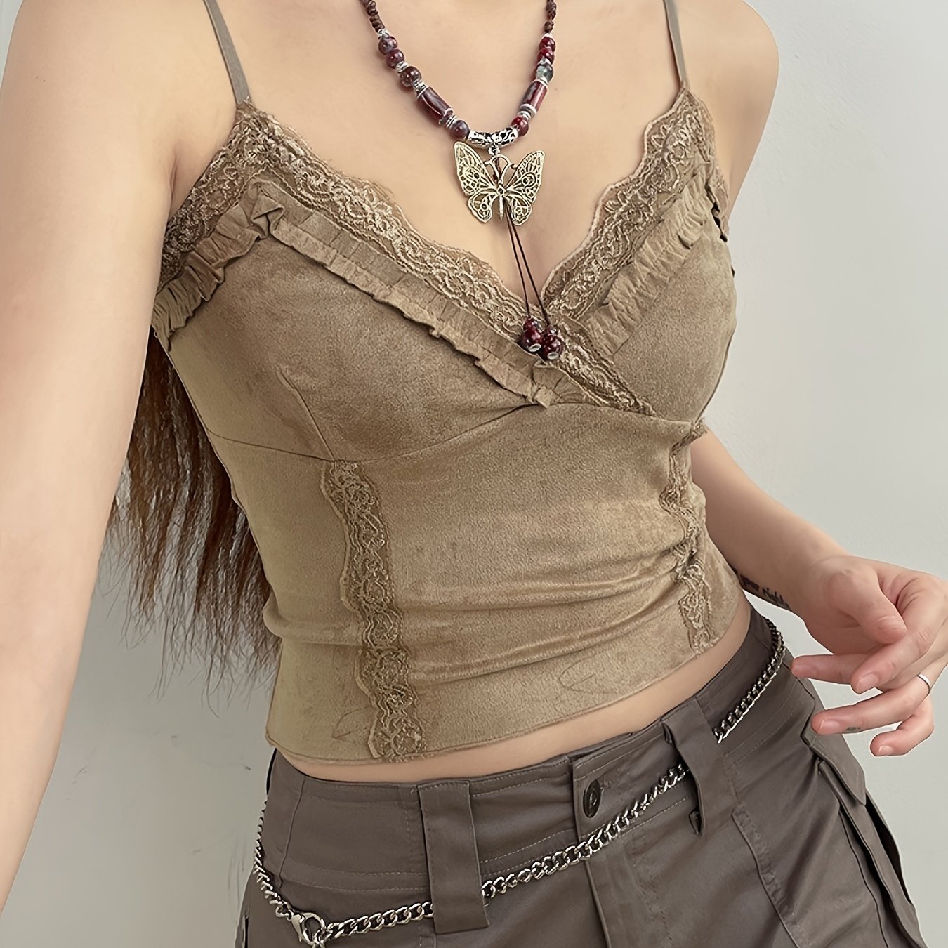 TEMU Y2k Stretchy V-neck Lace Trim Camisole Top - Suede With Side Chain Accents, Olive Green Summer Crop Top For Women, Hand Wash Only