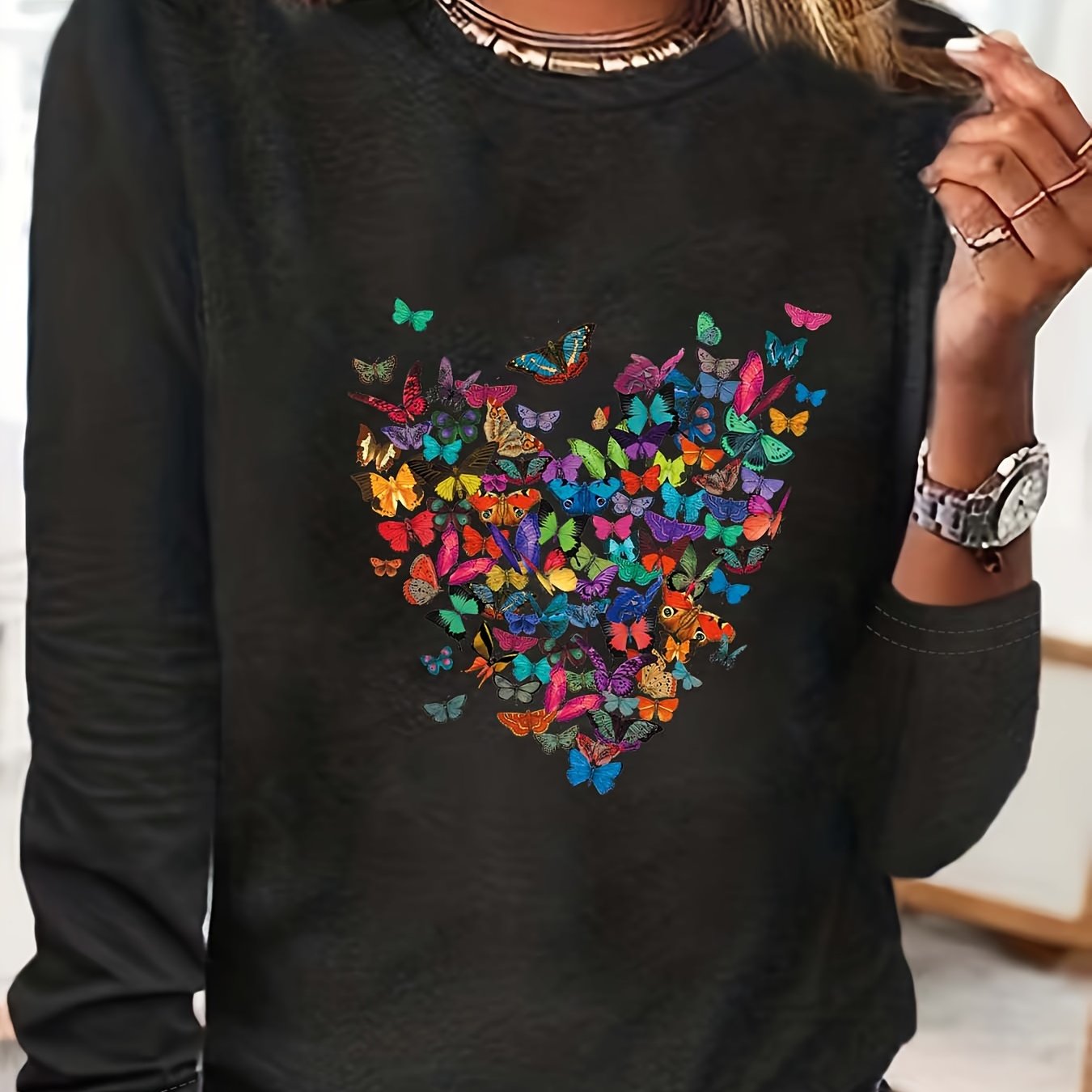 TEMU Butterfly Neck T-shirt, Casual Long Sleeve T-shirt For Spring & Fall, Women's Clothing