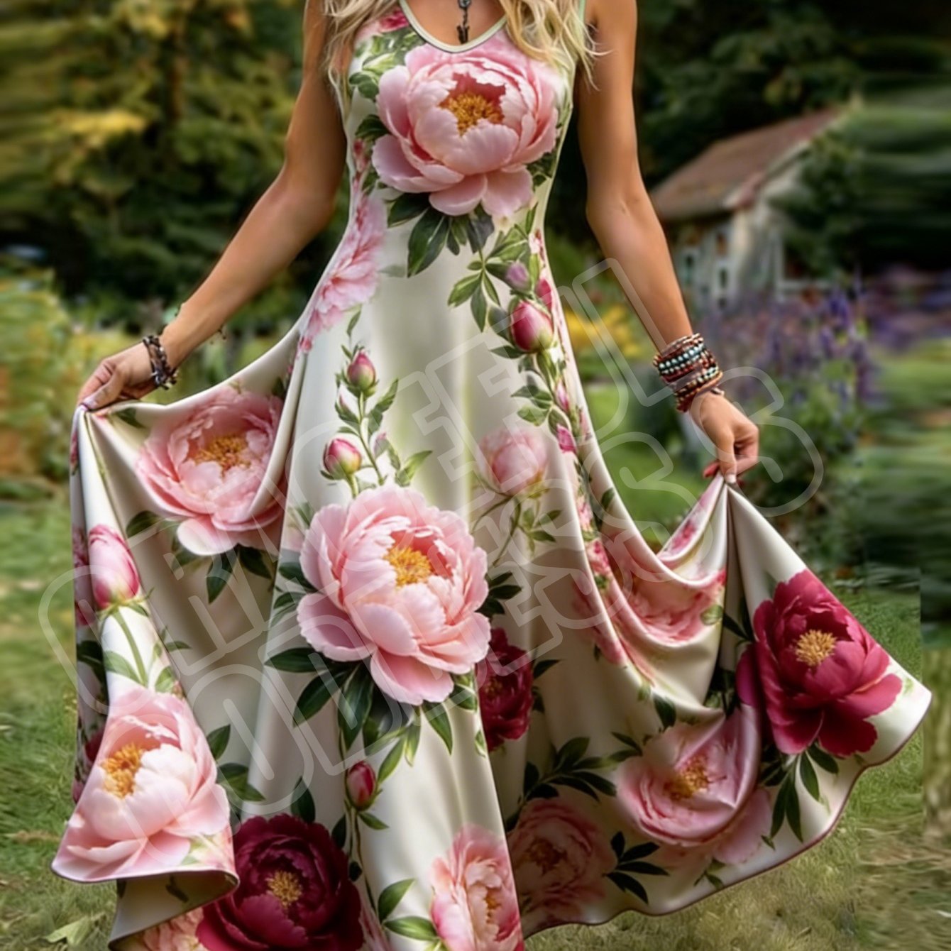 Women's Retro Style Sleeveless Dress With Floral Print, Pastoral V-neck A-line Maxi Skirt. Machine Washable, Perfect For Daily Wear And Travel
