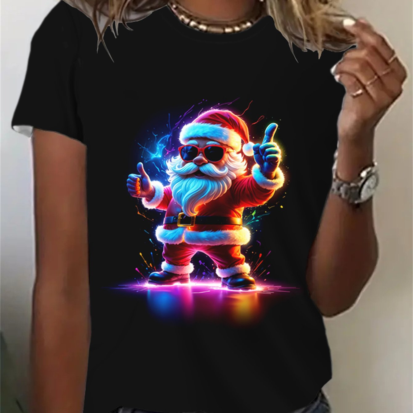 TEMU Women's Christmas Santa Claus Graphic T-shirt, Casual Round Neck, Short Sleeve, Polyester, Summer Fashion Top
