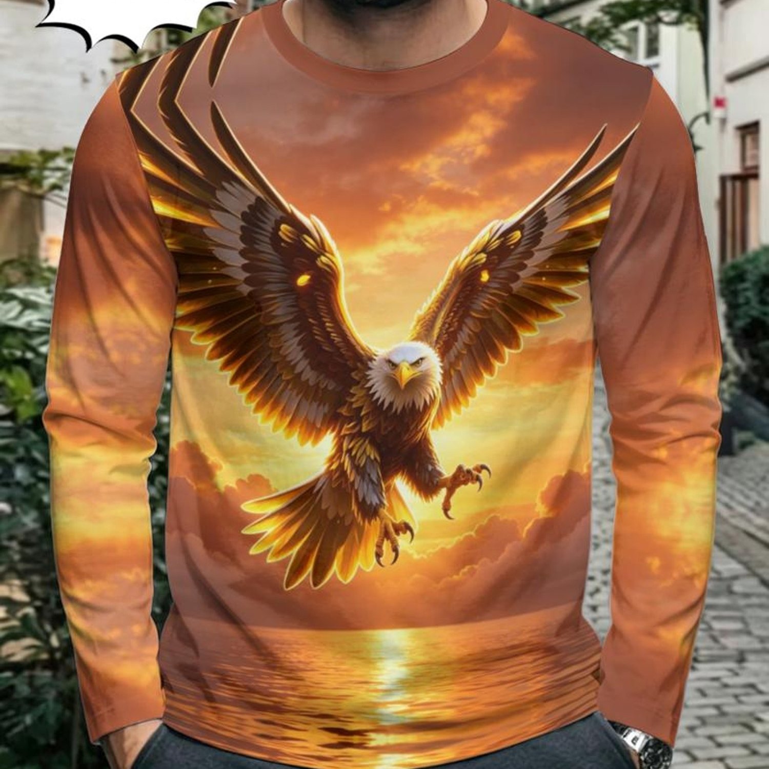 TEMU [print Design - Not Textured] Men's Long Sleeve Round Neck Sweatshirt Sunset Dive Eagle Print Pattern Tough Versatile Casual Long Sleeve