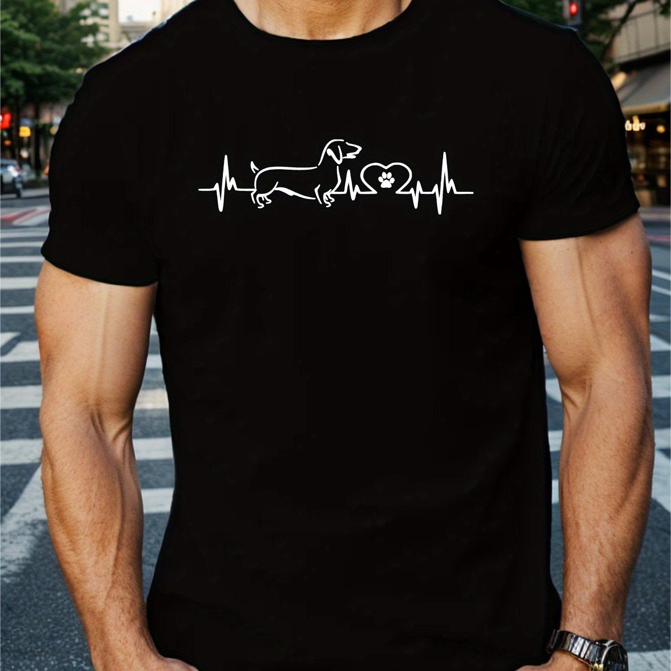 TEMU Dachshund Electrocardiogram Simple Printed, Men's Round Neck Short Sleeved T-shirt, Casual, Comfortable And Lightweight Tops For Summer Daily