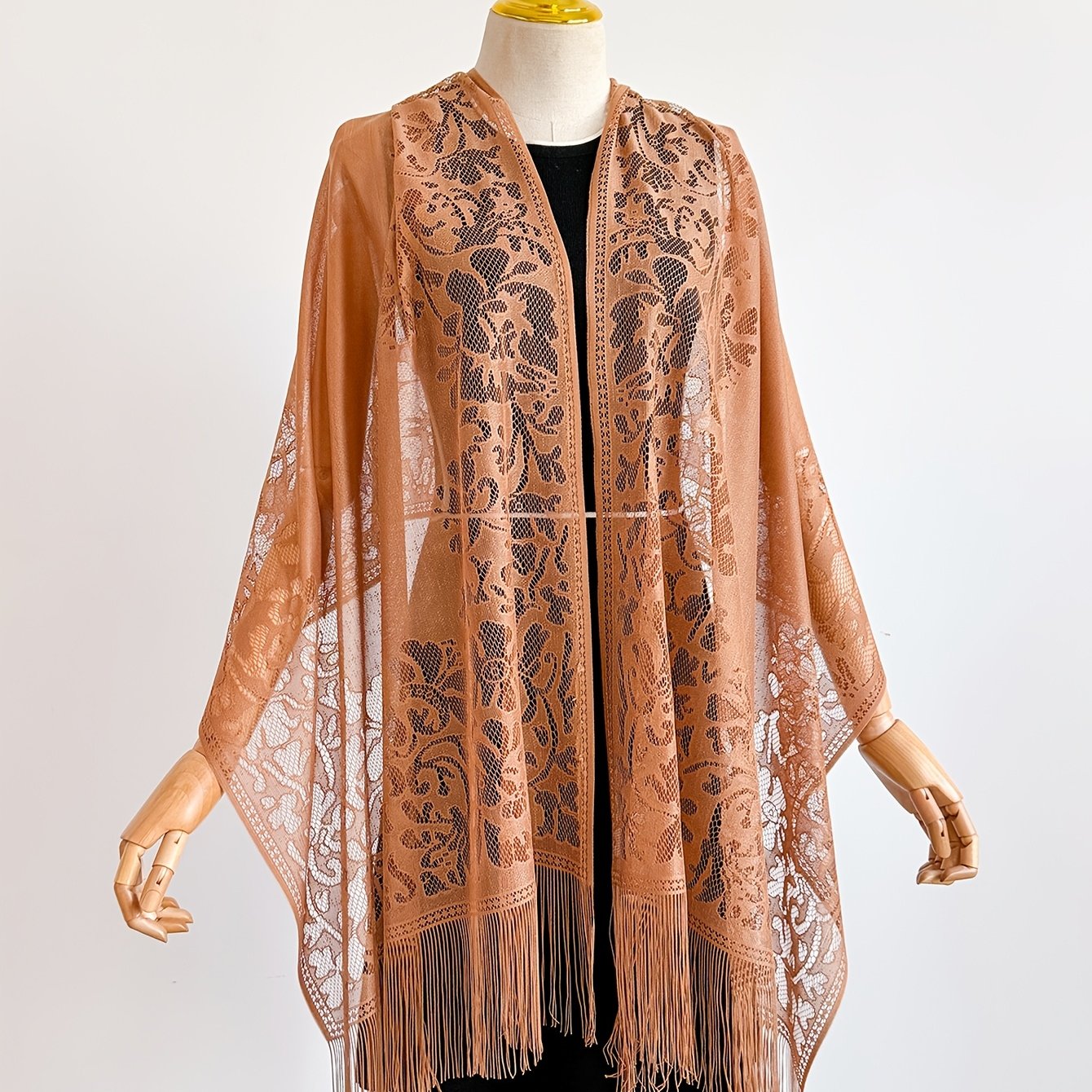 TEMU Grande Taille - Vêtement d'extérieur en dentelle à franges, Accessoire d'été élégant pour l'extérieur, Manteau tendance décontracté western