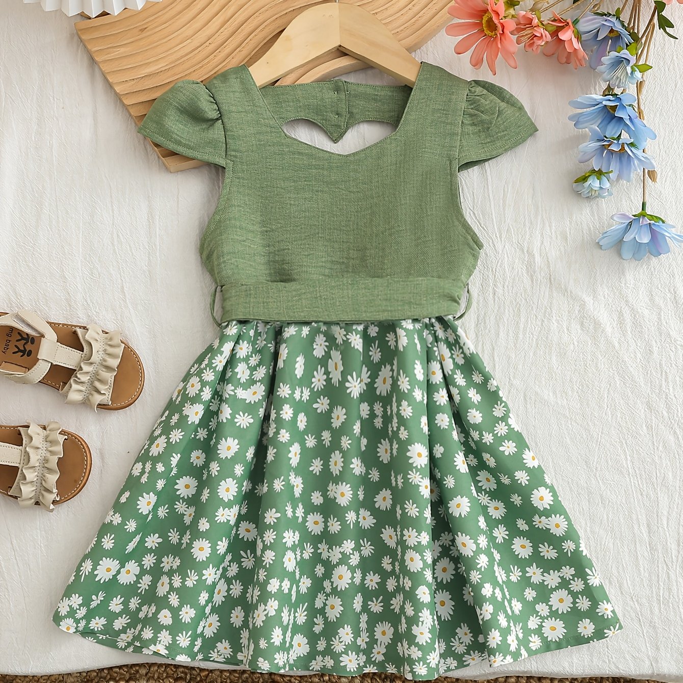 E-shop [Eltern-Kind-Outfit - Geschwister-Outfit] (Als verkauft) Hawaiianischer Strandurlaubs-Stil, Set enthält grünes Kurzarmhemd mit Revers + Shorts