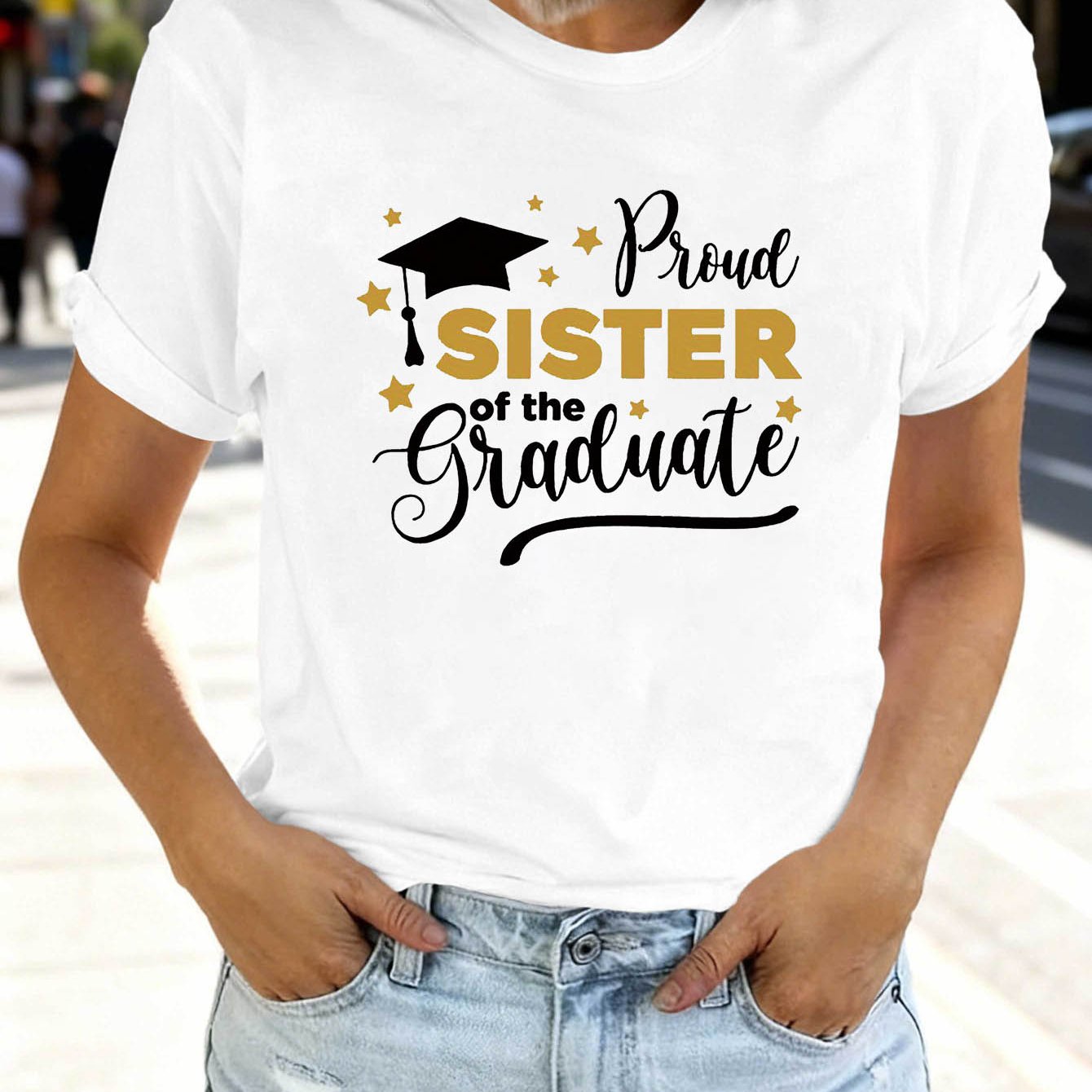 TEMU Sister Of Printed Women's Round Neck Short Sleeve T-shirt For Graduation Season, Perfect For Casual , Holiday Gifts, Friend Gatherings, Music