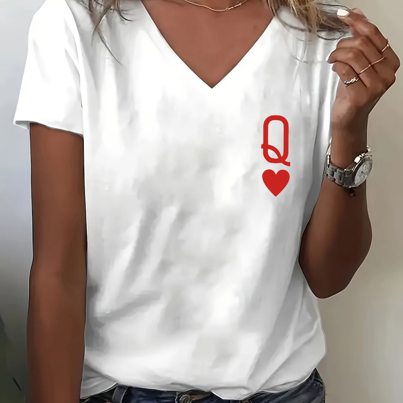 TEMU T-shirt con stampa di lettere, top casual a maniche corte con scollo a V per estate e , abbigliamento da donna