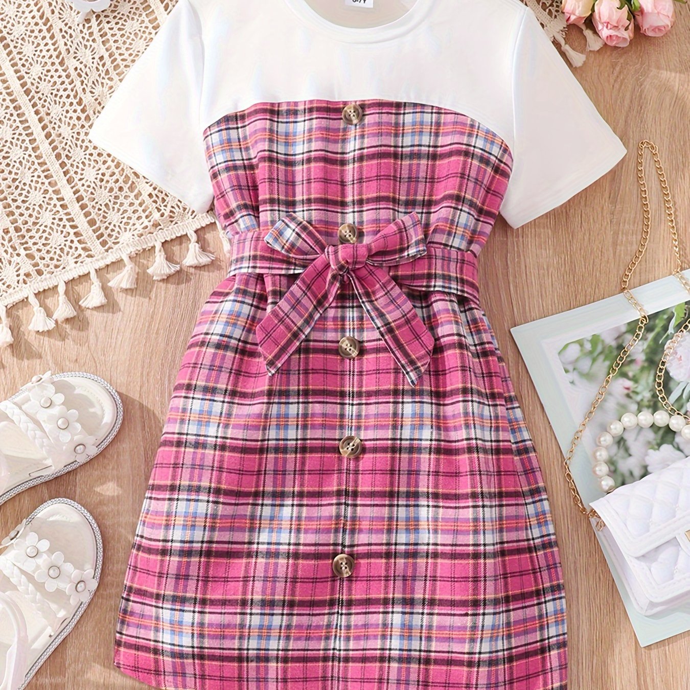 Toddler Girl Button Design Pink Plaid Belted Cami Dress