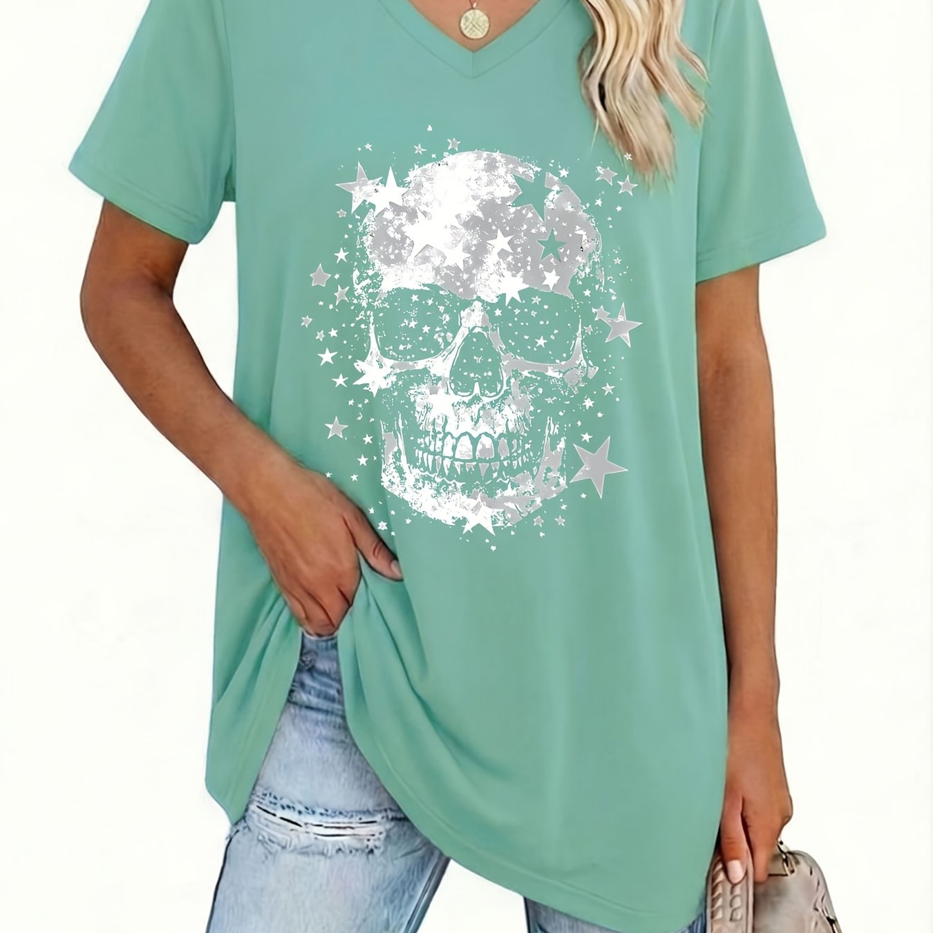 TEMU Plus Size, Plus Size Women's V-neck Short Sleeve T-shirt, Casual Everyday Commuter Versatile Skull Print Look