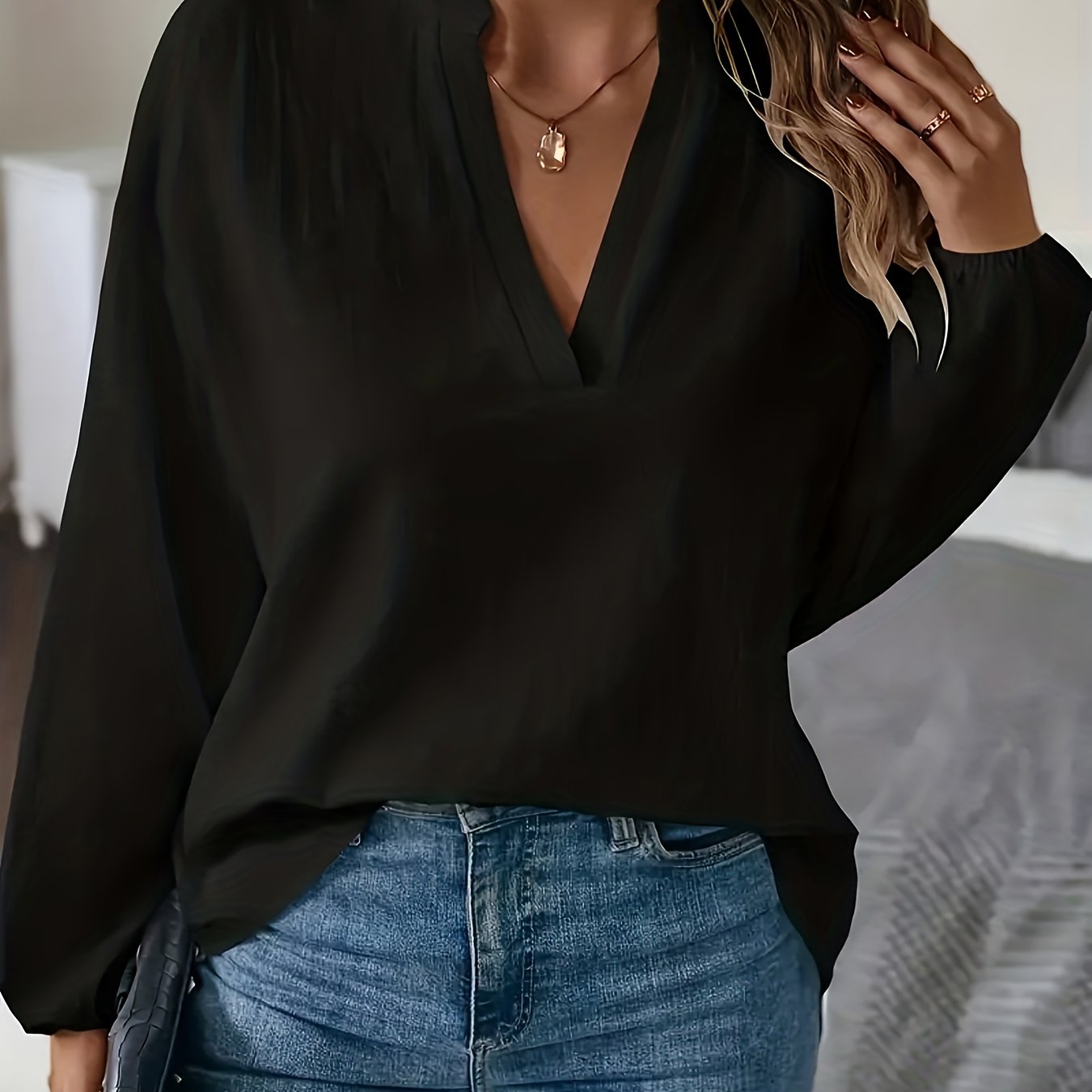 E-shop Damen Elegantes V-Ausschnitt Langarmbluse - Uni-Farben, Nicht-Shirt, Maschinenwaschbar, Büro & Freizeit geeignet für Frühling, Sommer, Herbst,
