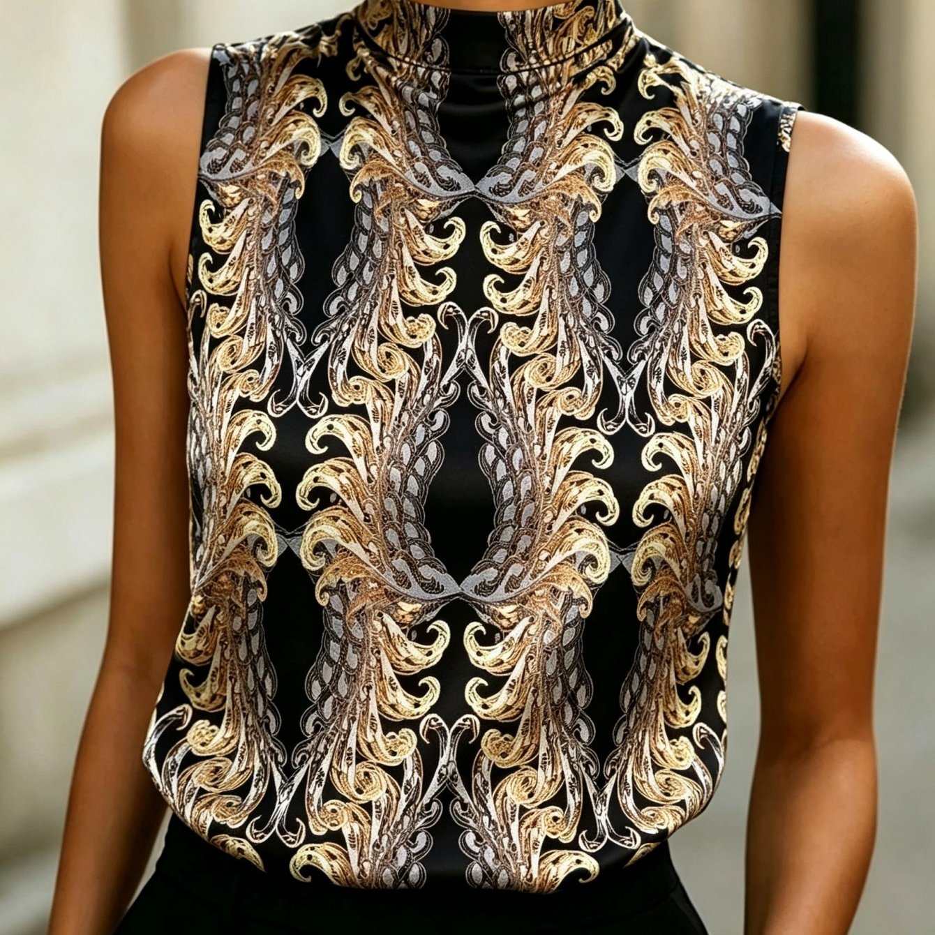 Image of Women's Summer Tops Satin Sleeveless Blouse Collar Tank Top Black Golden Pattern Elegant Comfortable Summer Women's Apparel Fashion Ideal For Dates Daily Wear Perfect Gift Option
