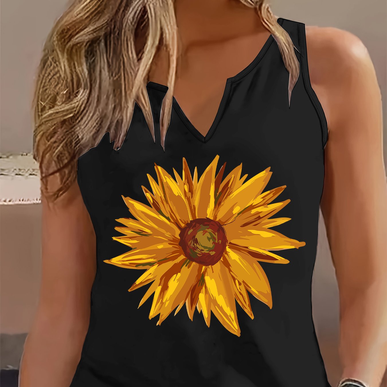TEMU (052#) Women's Fashion Casual Fresh Camisole, Sunflower Print V-neck Sleeveless Tank Top, Casual Top For Women, Breathable And Comfortable