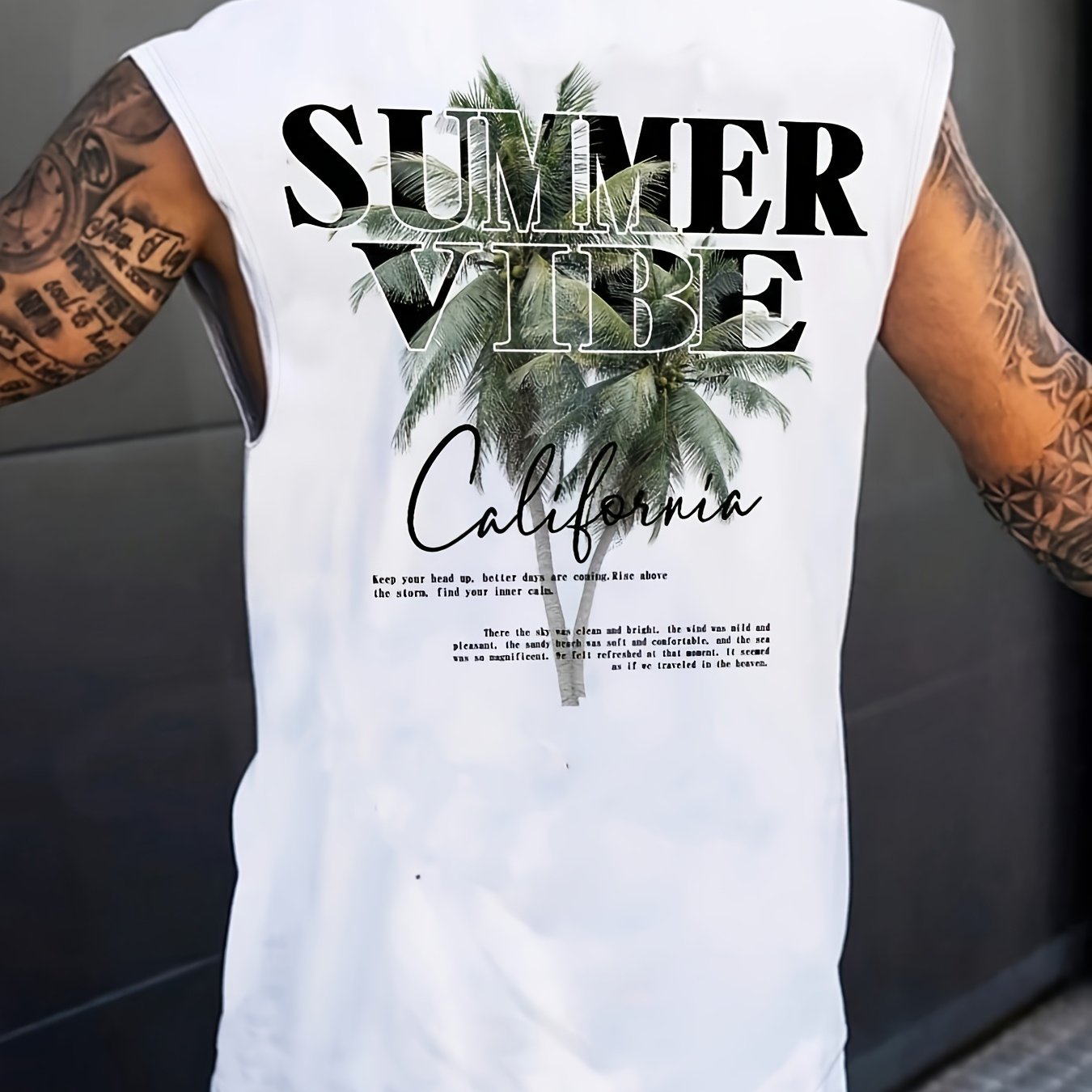Men's Vintage Sleeveless Tank Top With A Letter And Coconut Tree Print, Perfect For Spring And Summer, Vacations, Parties, And Casual