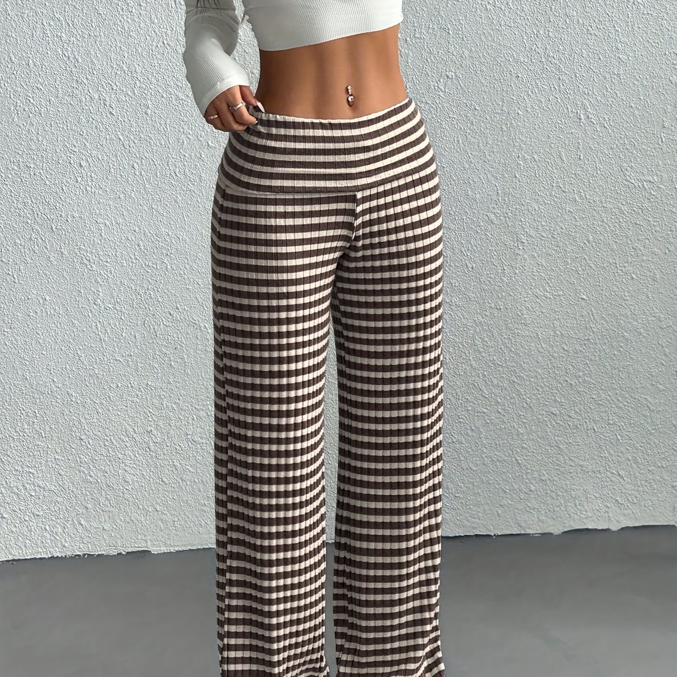 Image of Women's Wide- Trousers - Wide- Pants With Striped, Wide-legged Trousers Suitable For Spring/summer, Machine Washable Elegant Wide Pants For, Casual & Semi-formal Wear, Non- Wide Trousers