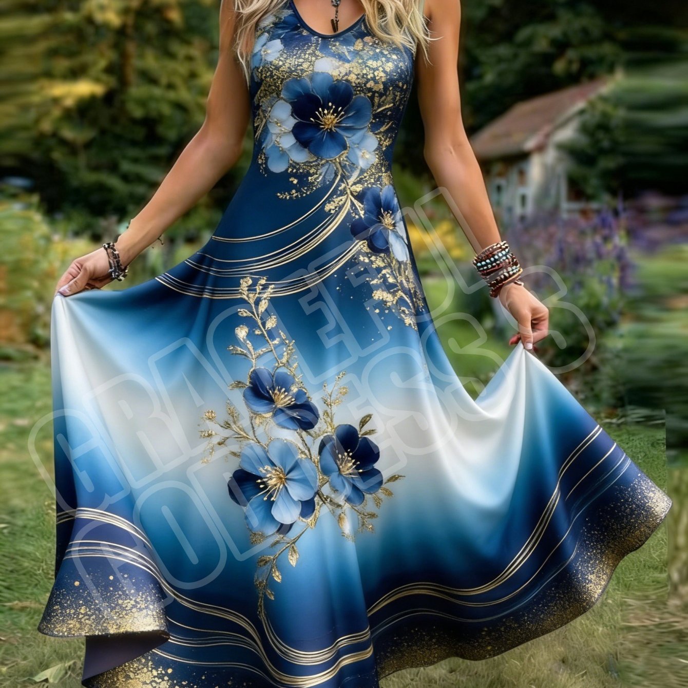 Women's Retro-style Sleeveless Dress With Elegant Floral Print Design, Pastoral V-neck A-line Maxi Skirt. Machine Washable, Perfect For Casual Attire And Vacations.