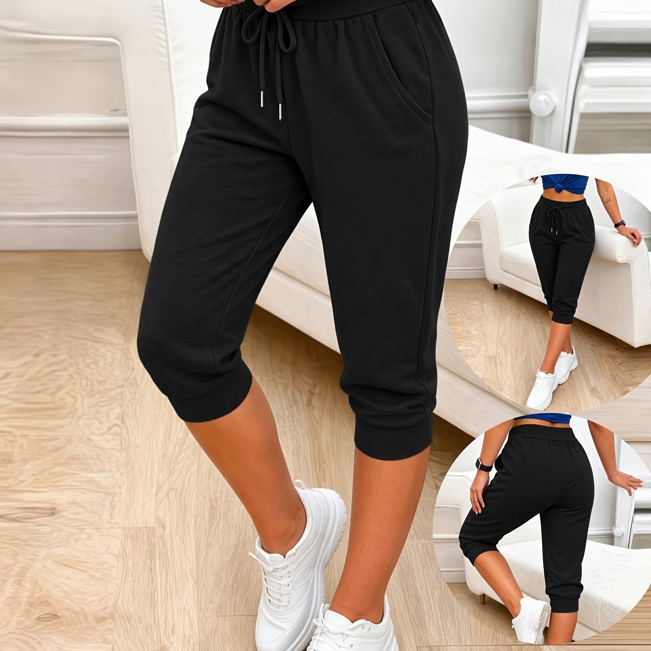 TEMU Western Women's Fashion Casual Elastic High-waist Drawstring Solid Color Short Ankle Pants