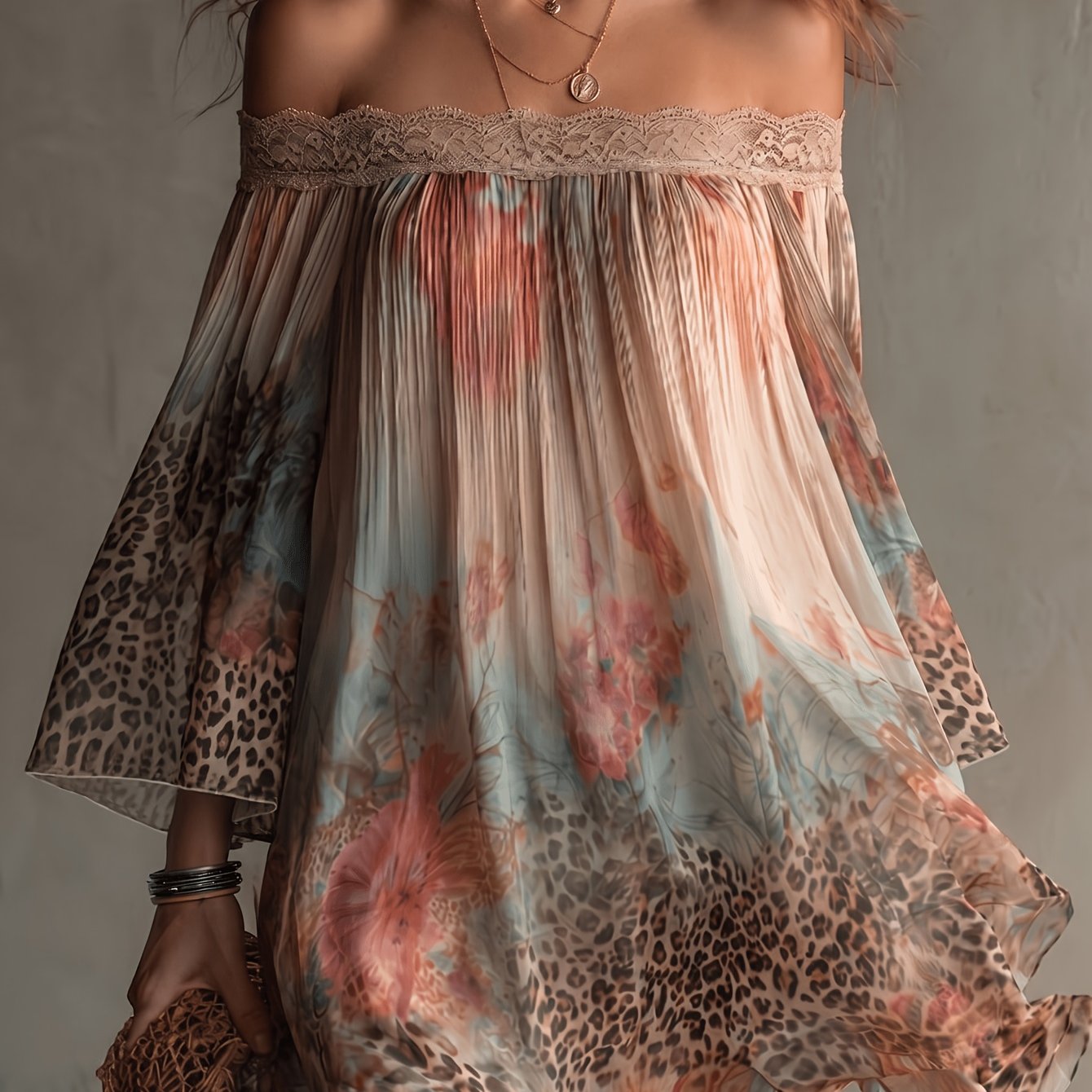 E-shop Damen-Kleid im französischen Vintage-Stil mit floralem -Druck für den Sommer, schulterfreies Design, leichter fließender Chiffon-Stoff,