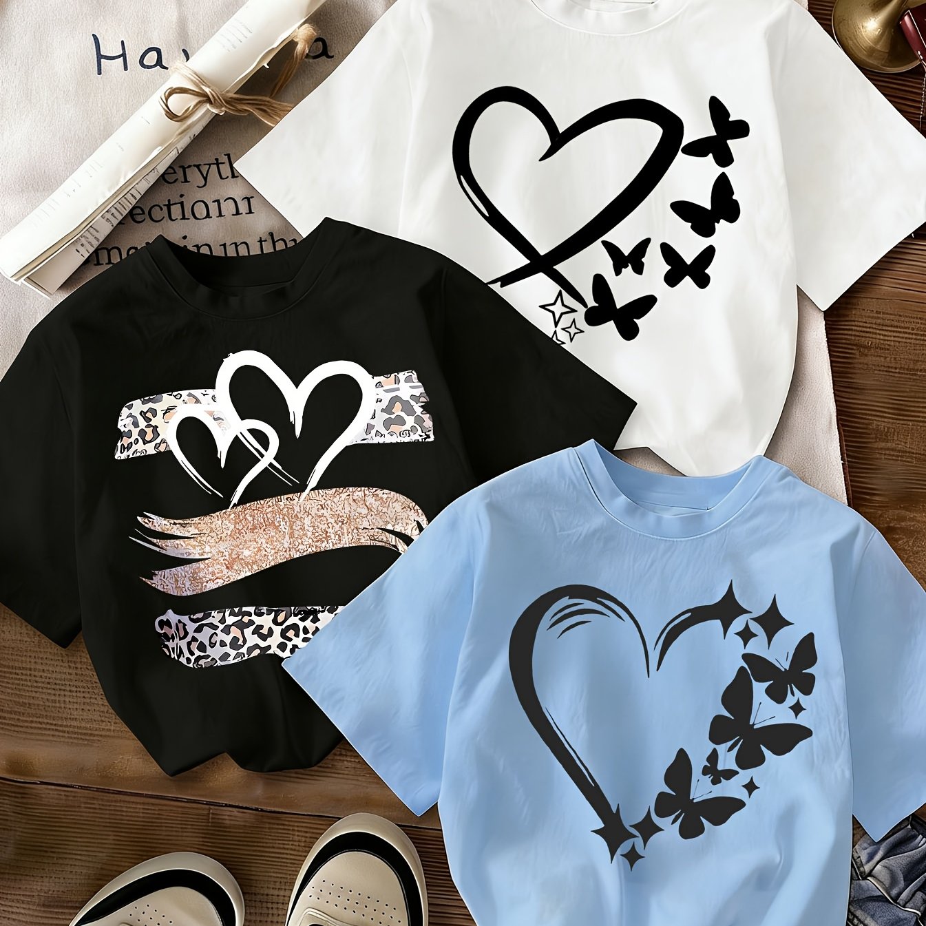 Image of 3pcs Girls' Heart And Print T-shirts, Soft Casual Short-sleeve Tops For Middle And Older Toddlers And Teens, Fashionable Leopard Print Heart Pattern