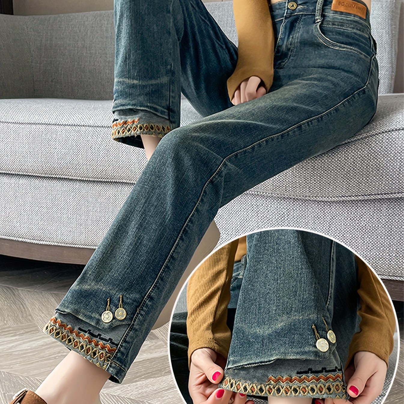 High-waisted Embroidered Stretch Jeans, Slim Straight-, Women's Cropped Jeans