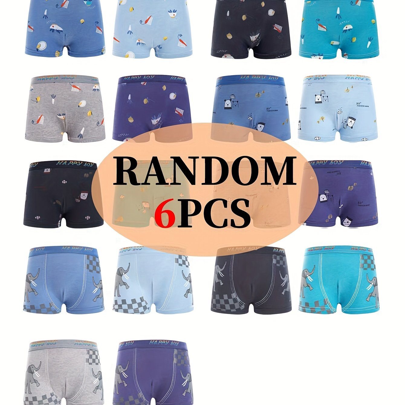 Random 6pcs Boys' Briefs With Animal Elephant Carrot Designs, Comfortable Mid-rise Elastic Soft