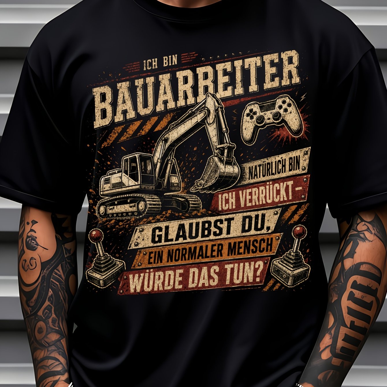 Image of Ich Bin Bauarbeiter Excavator And Game Controller Graphic Neutral T Shirt Daily Casual Short Sleeve Black Crew Neck Outdoor Leisure Universal Tee
