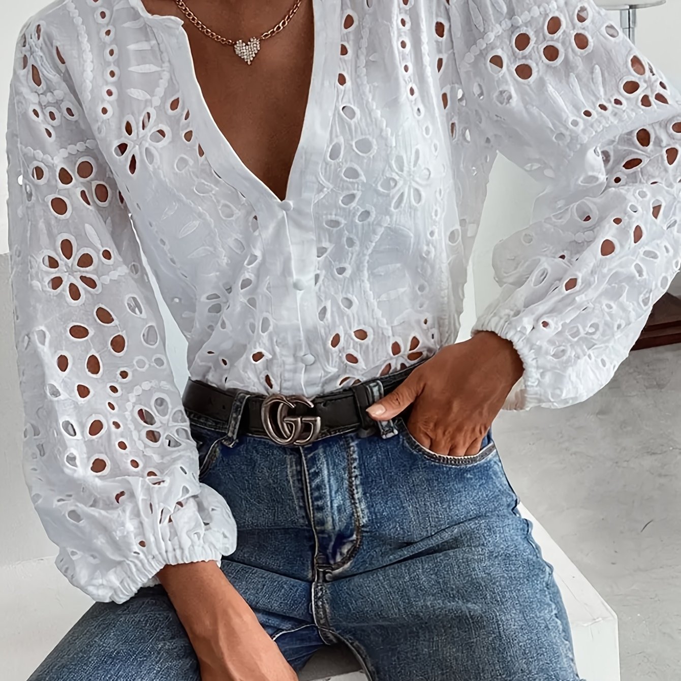 Casual Long-sleeve Shirt Made Of Embroidered Lace Fabric For Women
