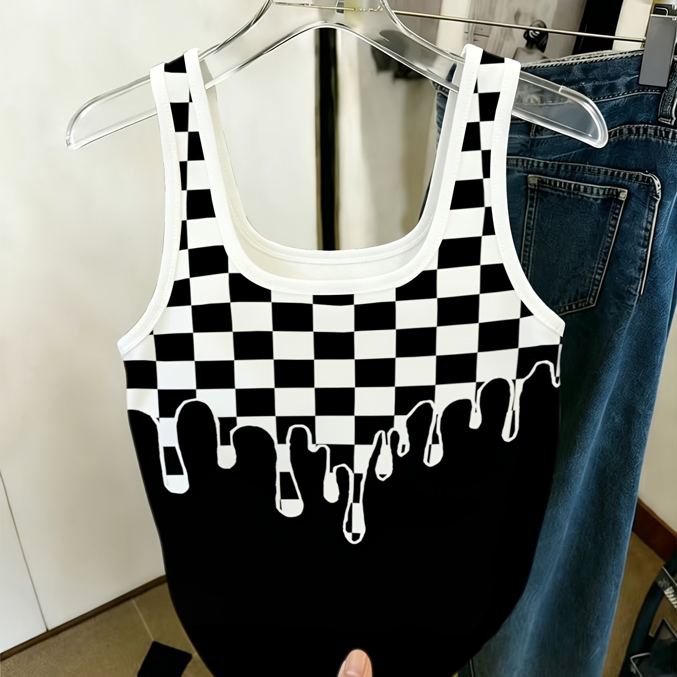 TEMU Black And White Checkerboard Sexy Camisole Creative Trendy Style European And Y2k Hot Slim Versatile Outerwear Sleeveless Top