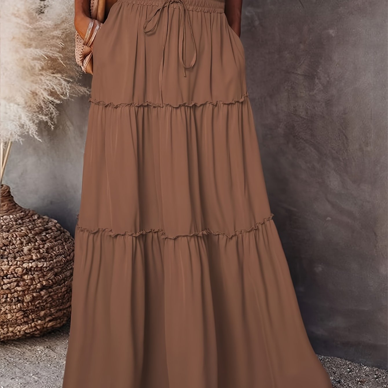 TEMU 2025 Spring/summer Rubber Waist Pleated Trim Long Dress