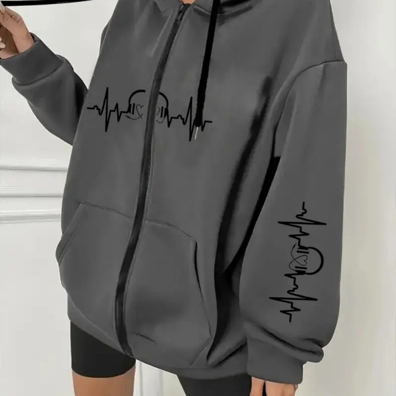 TEMU New Lazy Fashion Ladies' Casual Coat Hooded Sweater, (heartbeat Pattern) Printed Hooded Cardigan, Autumn And Winter, 100% Polyester Fabric,