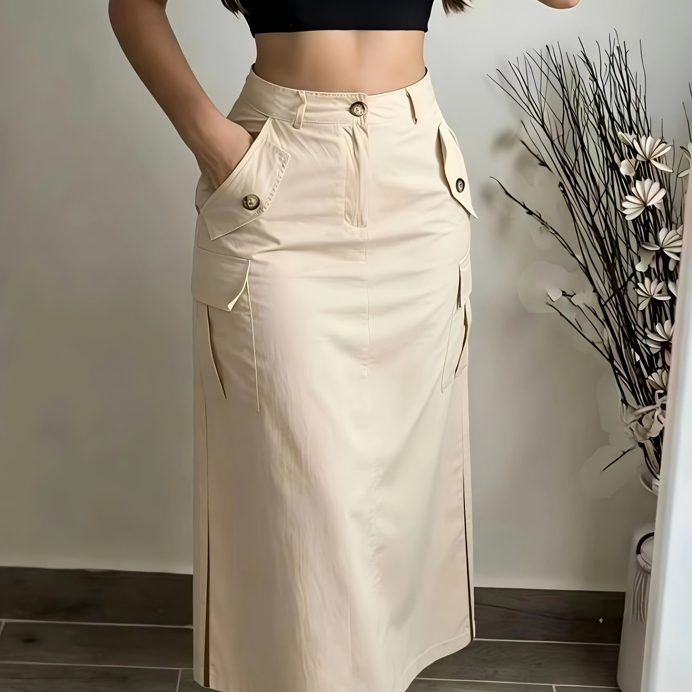 TEMU Women's High-waist -line Skirt With Multi-pocket & Side Slit - Beltless -over Hem Long Skirt Suitable For Casual,, Semi-formal Outfits, Machine