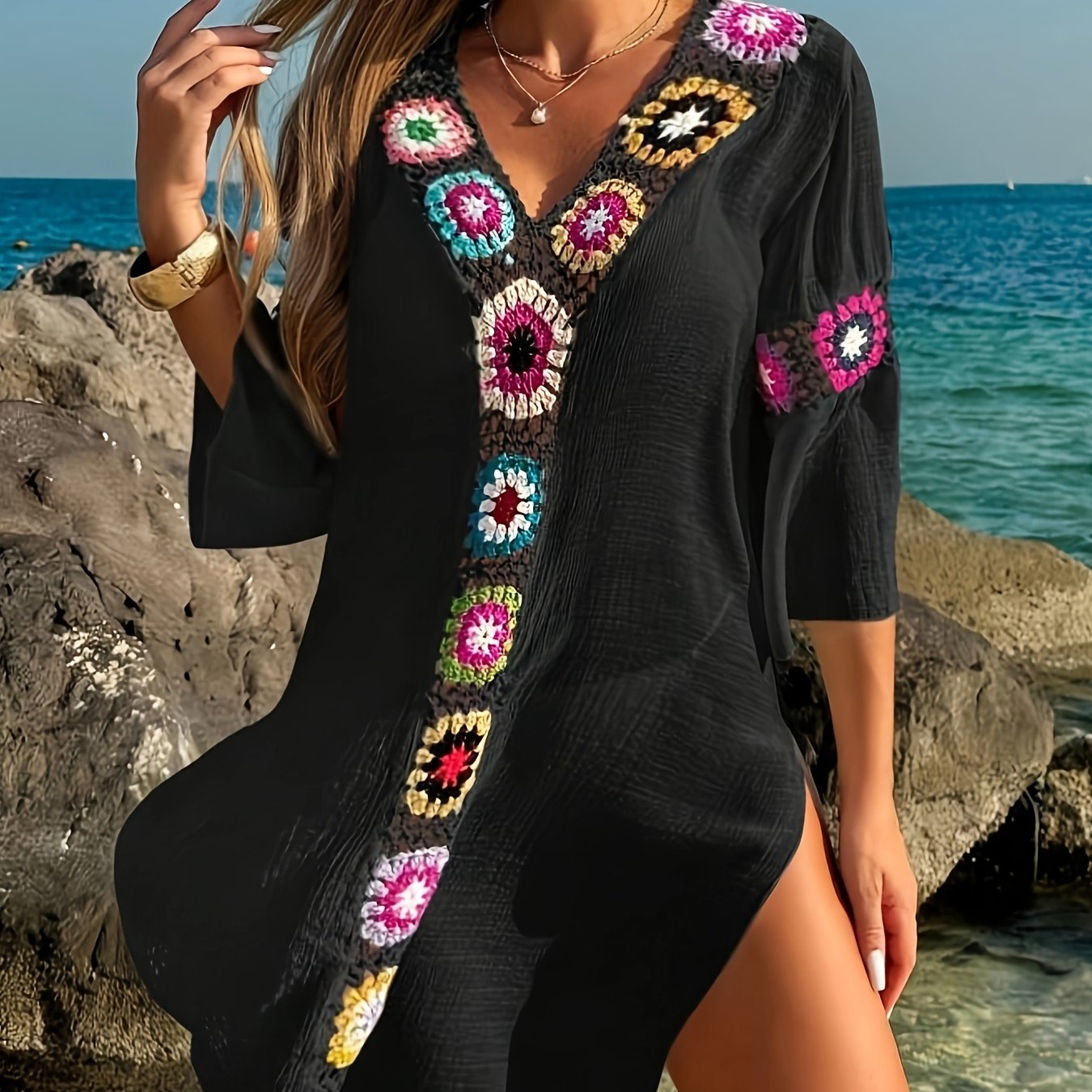 Women's Plus Size Vacation Casual Bohemian Handmade Crochet Splicing V-neck Loose Flared Flare Sleeve Dress 0 Long Sleeve Straight Dress Cover Scarf Beach Dress