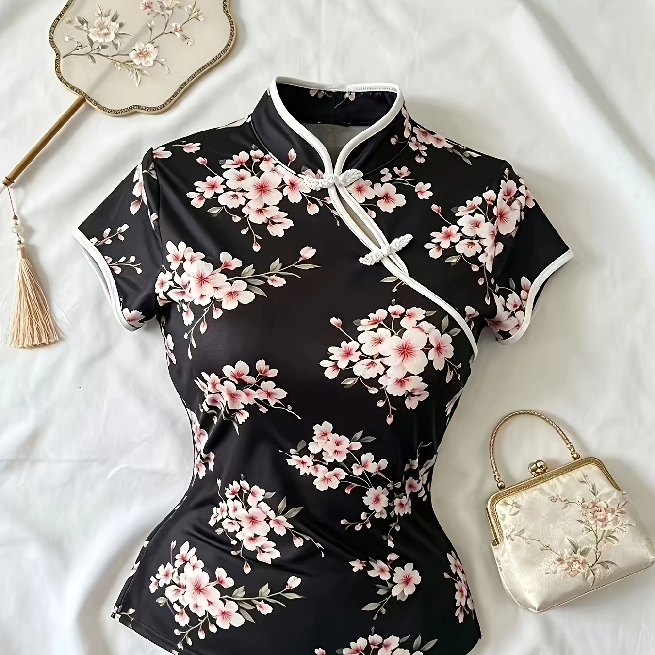 TEMU Retro Cheongsam Shirt Women's Spring Summer New Chinese Floral Print Blouse Tapered Thin Short Sleeve Top