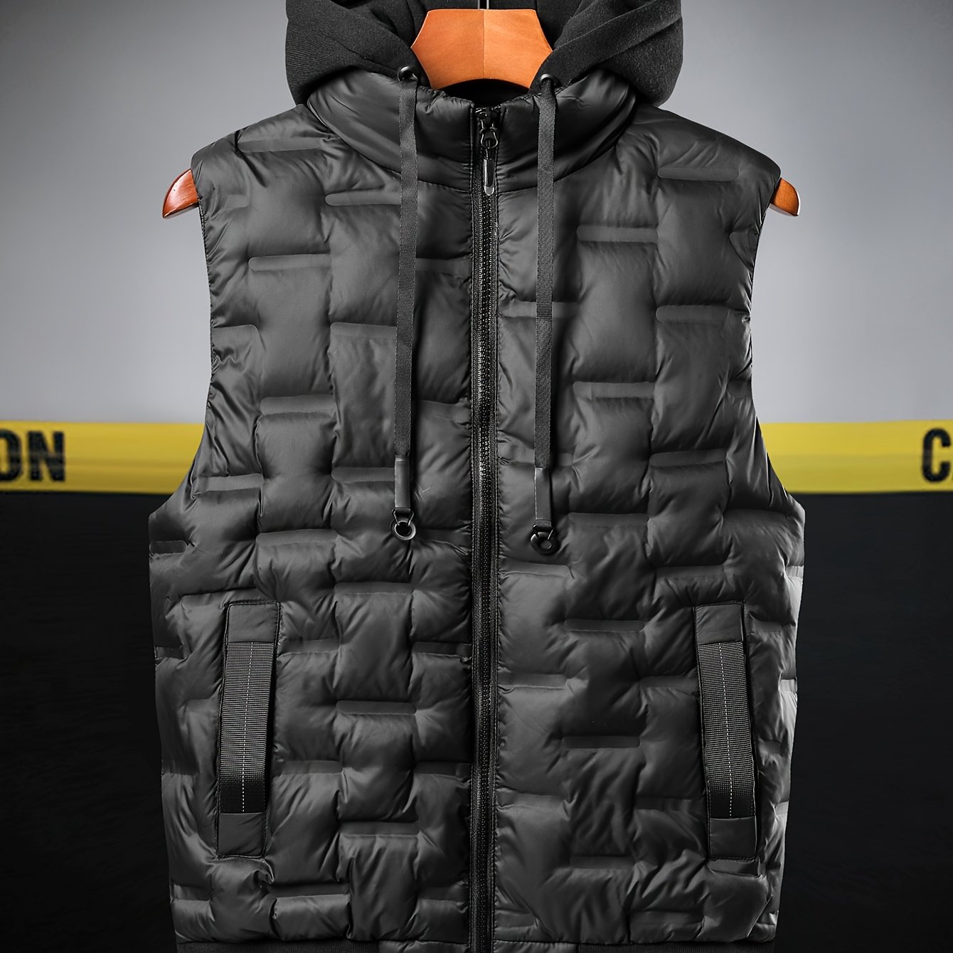 TEMU Autumn/winter Men's Outdoor Sports Hooded Vest Jacket, Street Style Solid Color Minimalist Hooded Padded Vest Coat