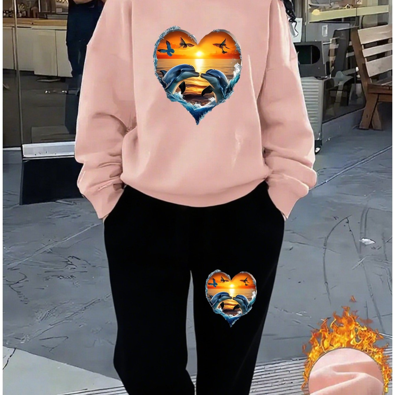 TEMU Sunset Dolphin Women's Casual Round Neck Sweater Set, Long-sleeved Sweatshirt And Trouser Set